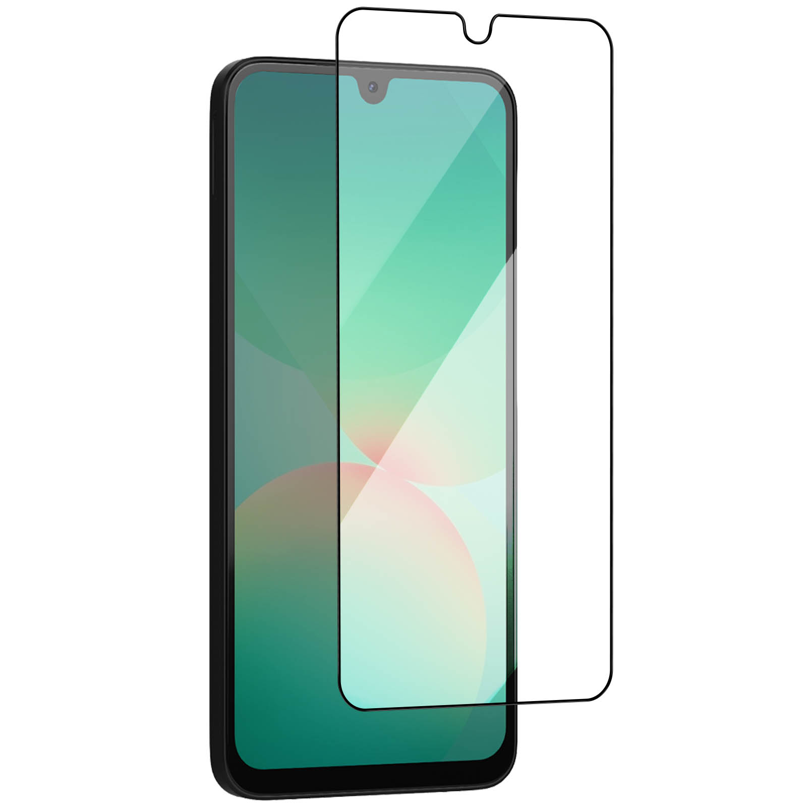 Uno smartphone nero con protezione schermo. Lo schermo mostra una sfumatura verde chiaro con forme rosa. La protezione è trasparente.