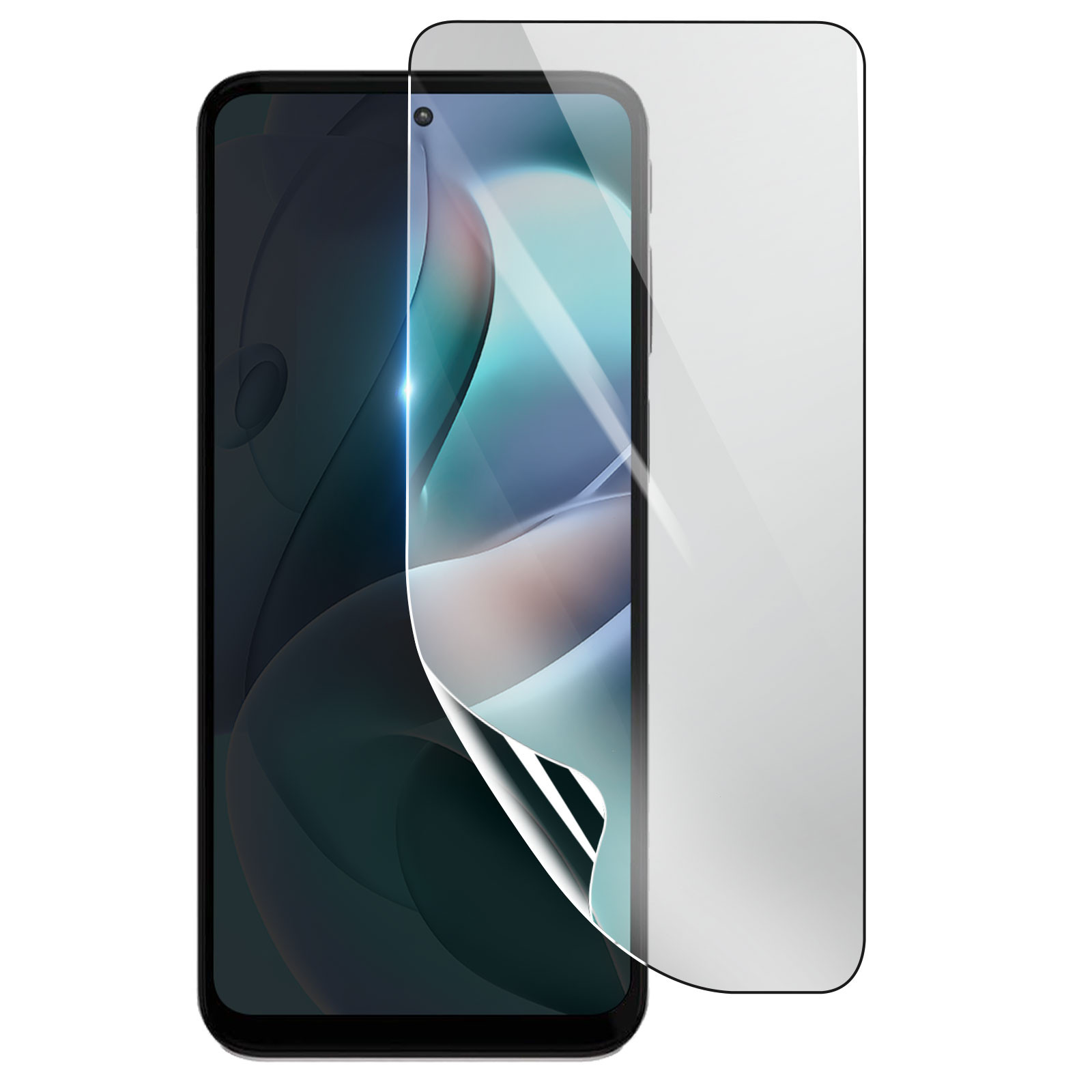 Un telefono con una protezione per lo schermo applicata. Protezione parzialmente staccata, rivelando lo schermo del telefono.