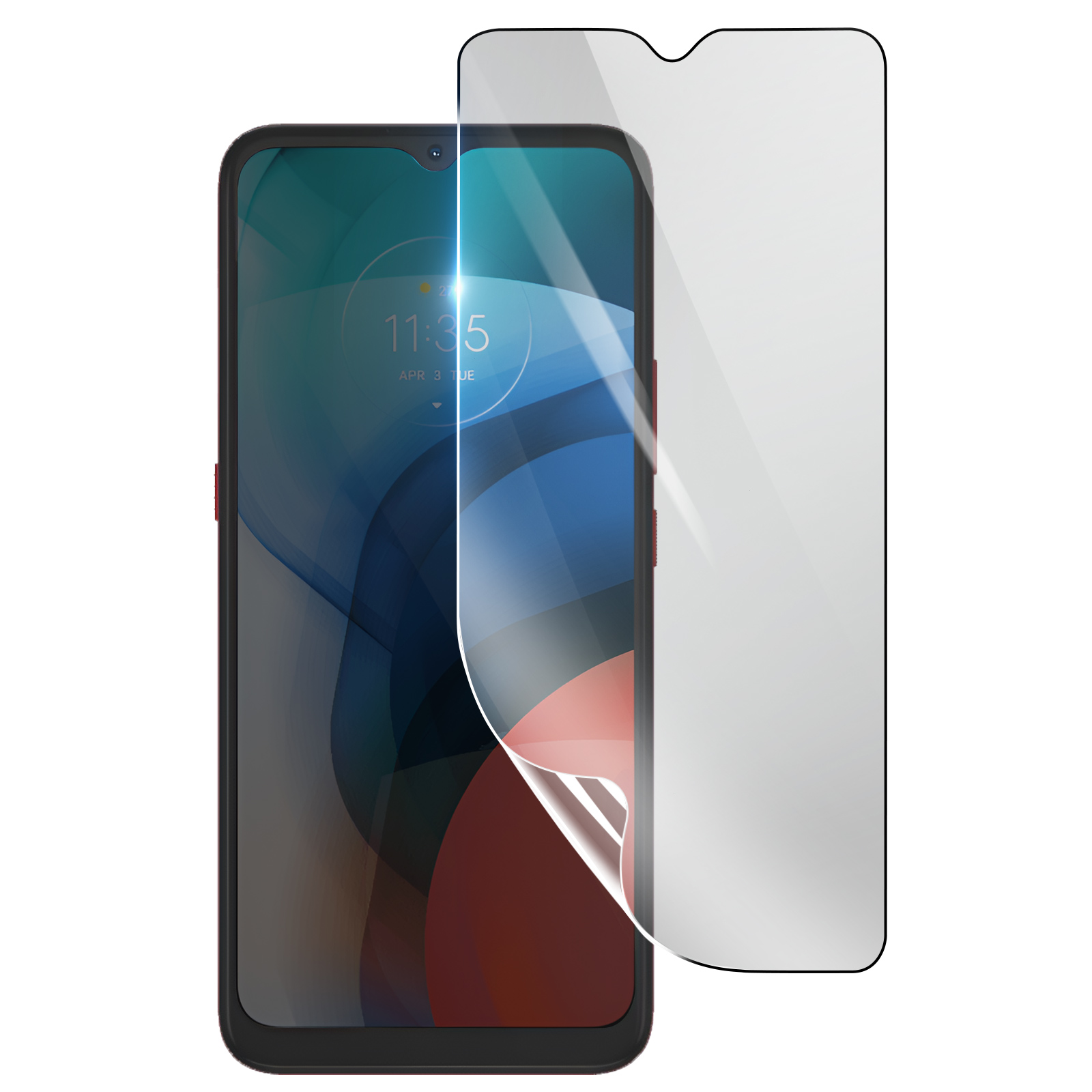 Uno smartphone con una protezione per lo schermo applicata. Il telefono mostra l'ora. La protezione è parzialmente staccata.