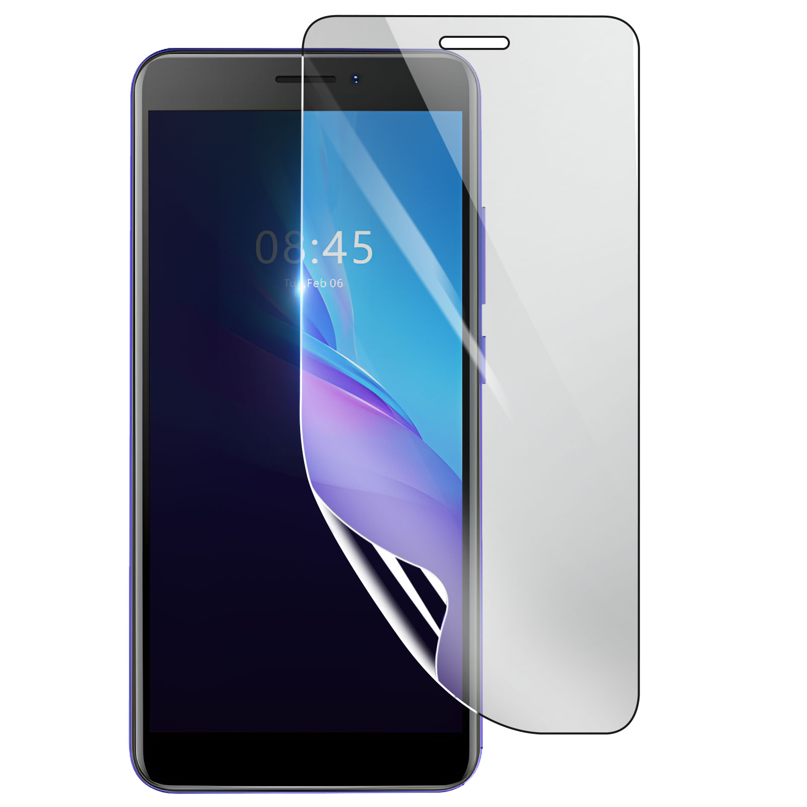 Uno smartphone nero con protezione schermo. Lo schermo mostra ora e data. C'è una seconda protezione accanto.