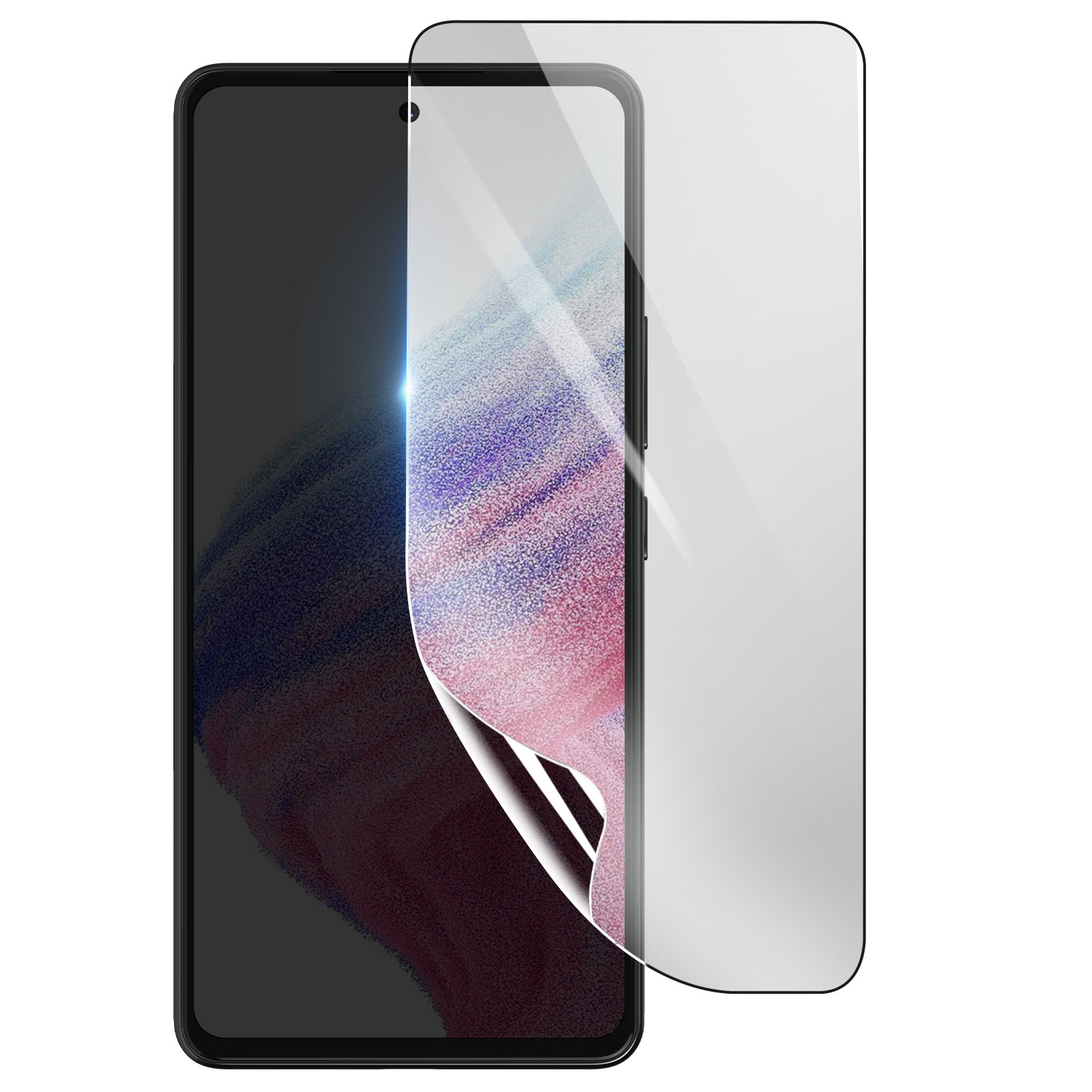 Smartphone con protezione schermo applicata. Il telefono è nero, la protezione è trasparente. Sfondo bianco.