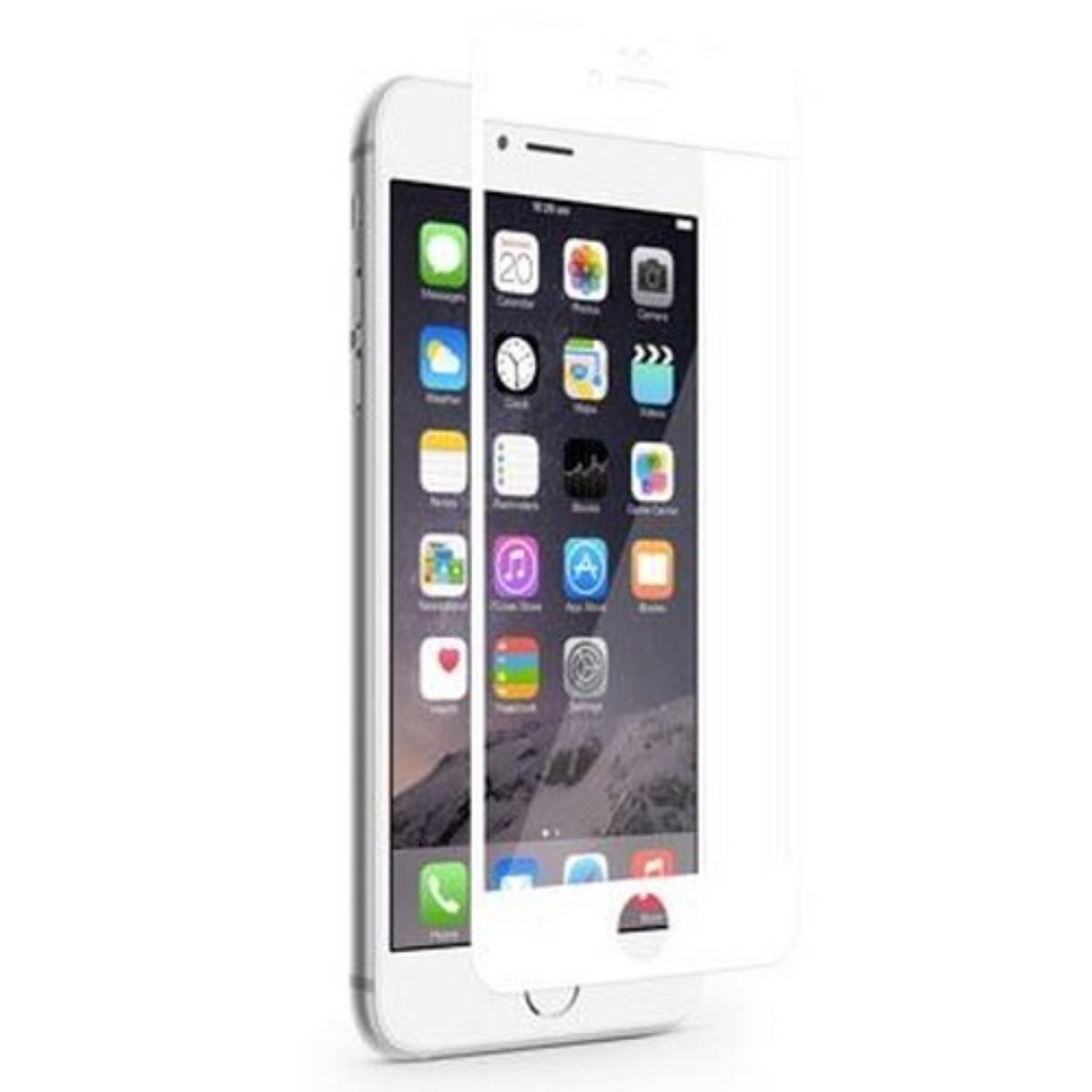 Een witte iPhone met een schermbeschermer. Het scherm toont app-iconen en de telefoon is iets naar rechts gekanteld.