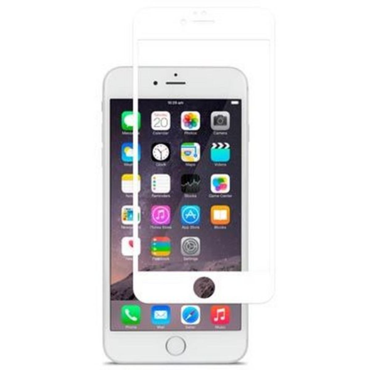 Witte iPhone met schermbeschermer, met app-pictogrammen. De telefoon heeft een homeknop. De beschermer is iets uit het midden.