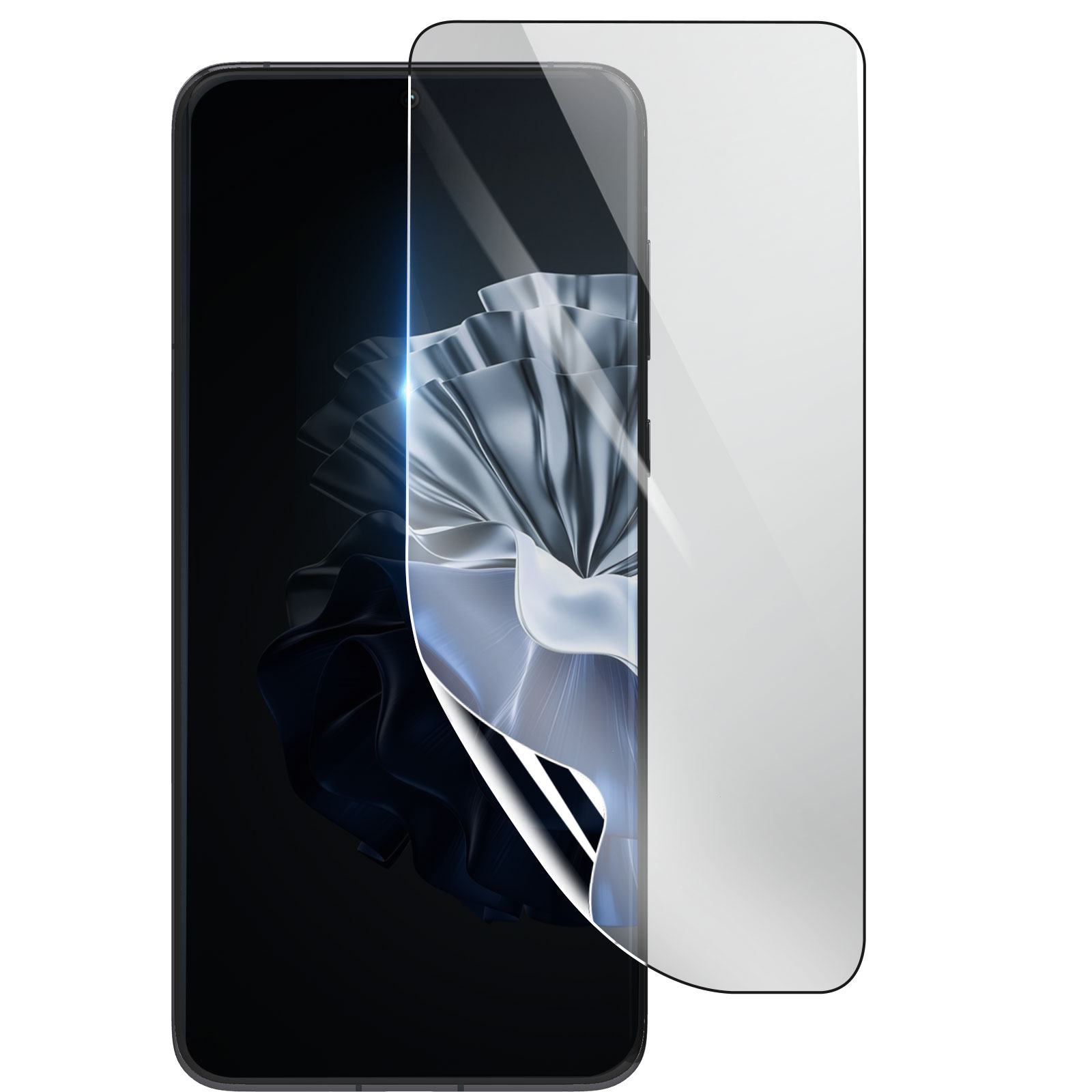 Uno smartphone con una protezione per lo schermo applicata. Il telefono mostra un design astratto nero e argento.