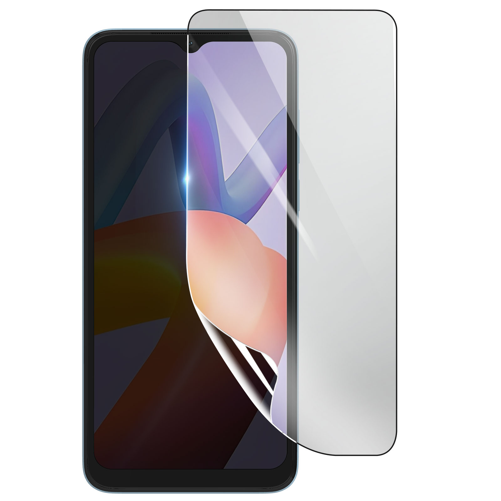 Viene mostrato uno smartphone con una protezione per lo schermo. Il telefono è blu, con uno strato protettivo che si stacca. Sfondo bianco.