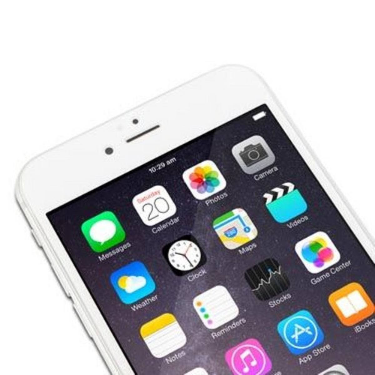 Witte iPhone met app-iconen: Berichten, Agenda, Foto's, Camera, Video's, Kaarten, Klok, Weer, Notities, Herinneringen, Aandelen, App Store.