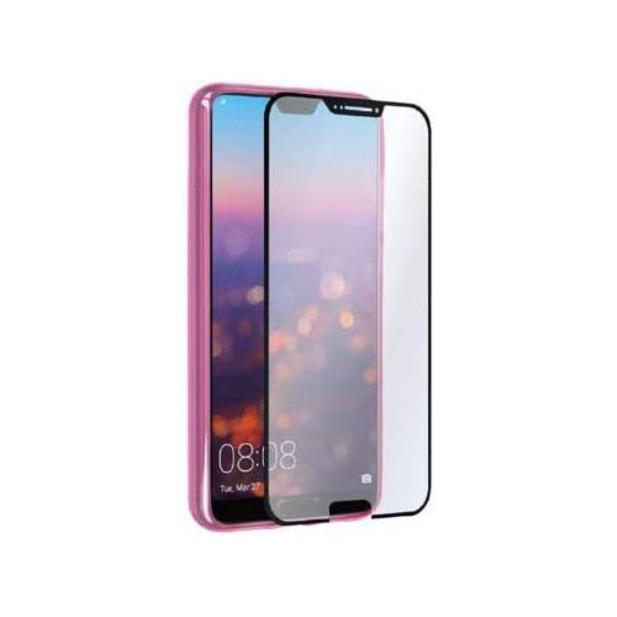 Een smartphone met een roze hoesje en een schermbeschermer. De telefoon toont de tijd 08:08. De achtergrond is wazig.