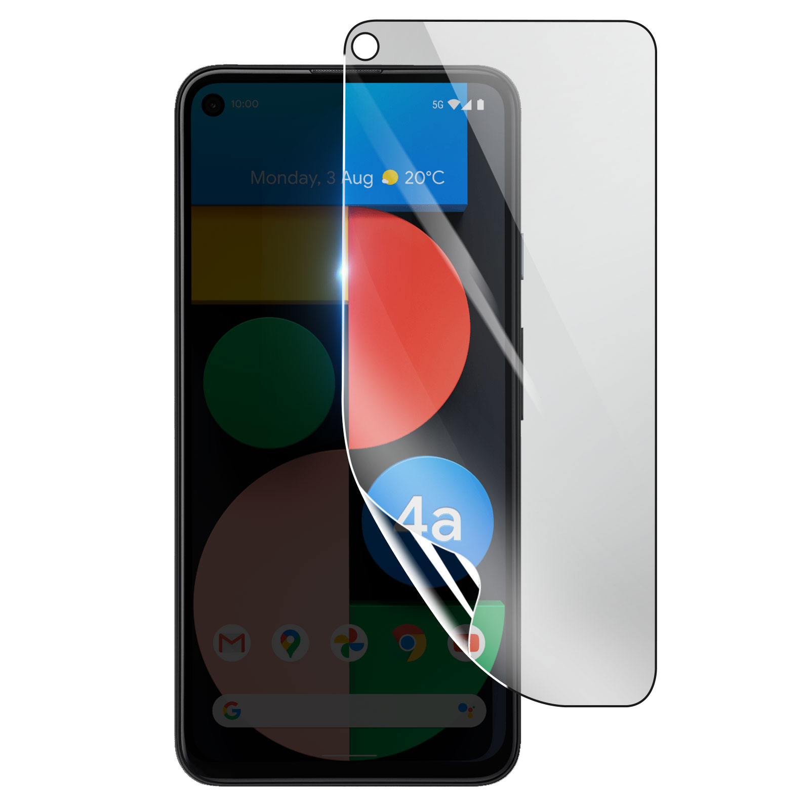 Una protezione per lo schermo dello smartphone viene staccata da uno smartphone nero, rivelando icone di app e la data.