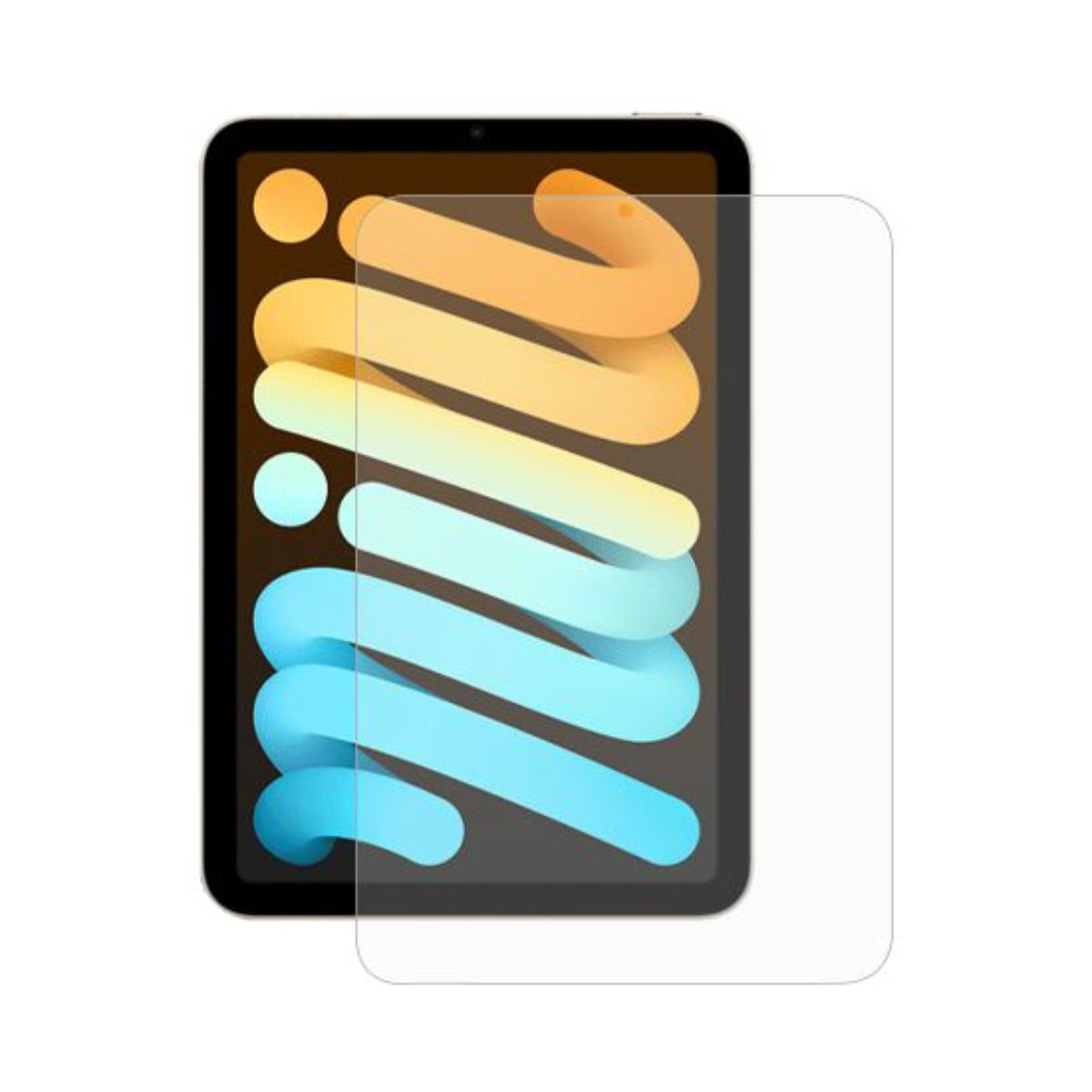 Un iPad Mini con protezione schermo applicata. Lo schermo mostra arte astratta in arancione e blu.