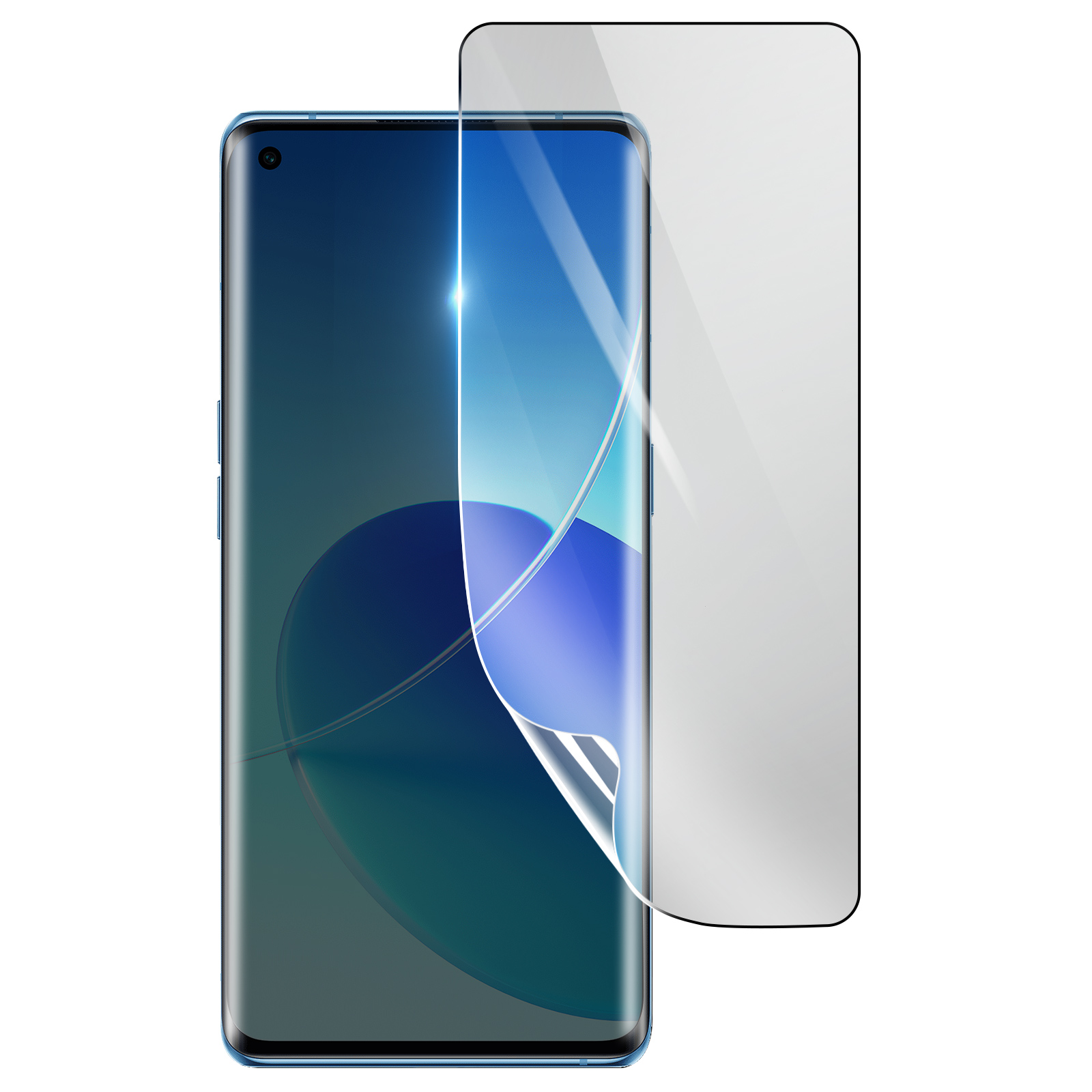 Uno smartphone con una protezione per lo schermo applicata. La protezione è parzialmente staccata, rivelando lo schermo. Sfondo bianco.
