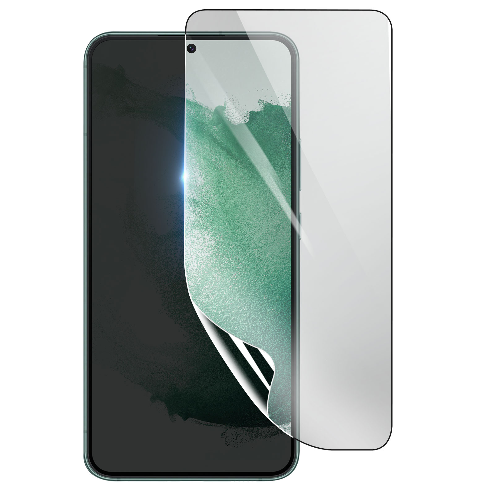 Uno smartphone con una protezione per lo schermo applicata. Il telefono è nero con uno schermo verde che mostra un motivo strutturato.