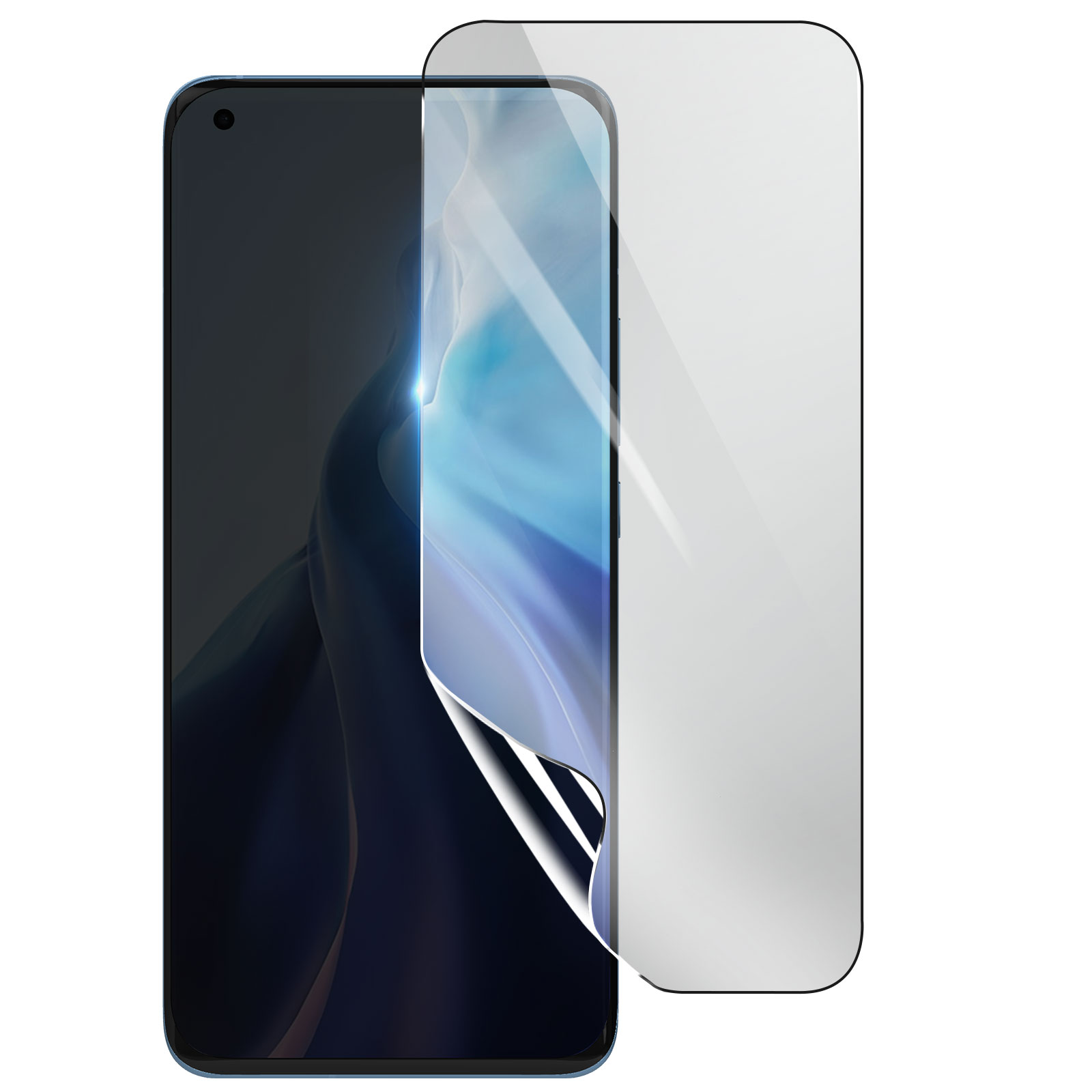 Uno smartphone con una protezione per lo schermo applicata. Il telefono è nero e la protezione è parzialmente staccata.