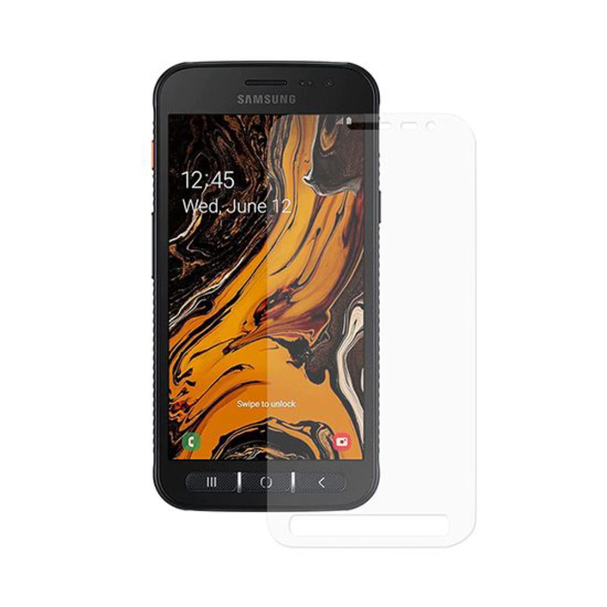 Zwarte Samsung telefoon met schermbeschermer. Tijd is 12:45, woensdag 12 juni. Het scherm toont een abstract oranje patroon.