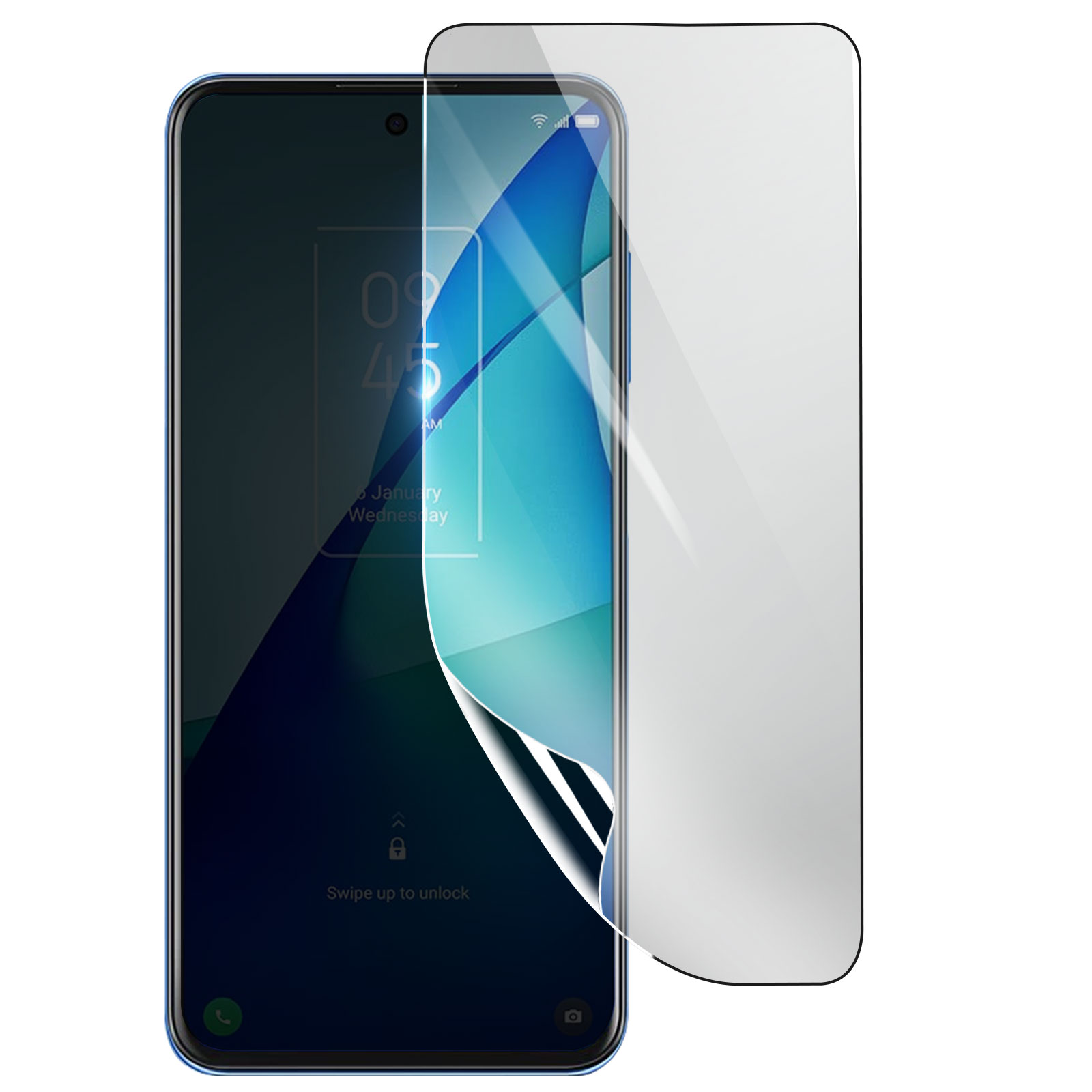 Uno smartphone con una protezione per lo schermo applicata. Il telefono mostra l'ora e una schermata di blocco. La protezione è parzialmente staccata.