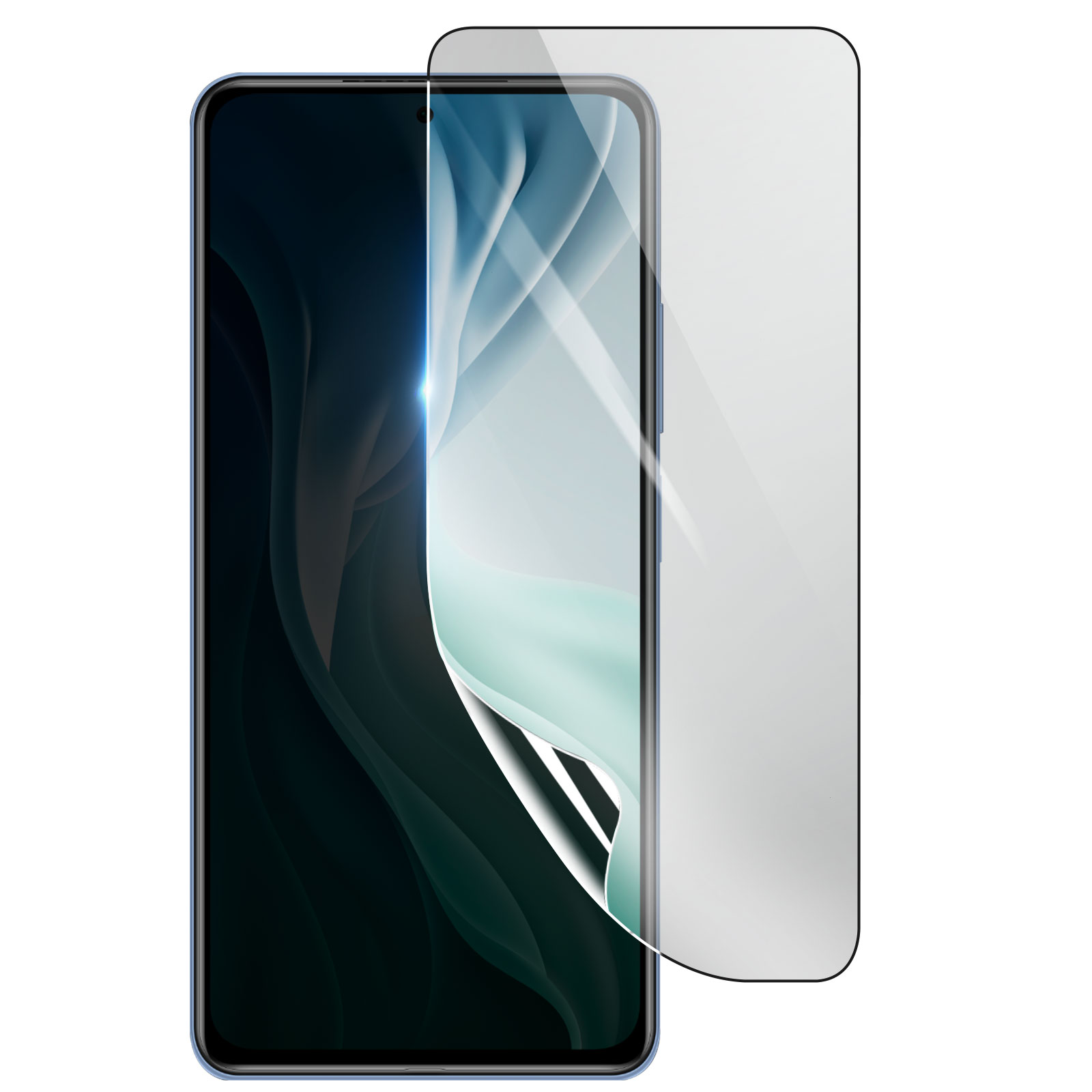 Uno smartphone con una protezione per lo schermo applicata. Lo schermo mostra un design astratto. La protezione è parzialmente staccata.