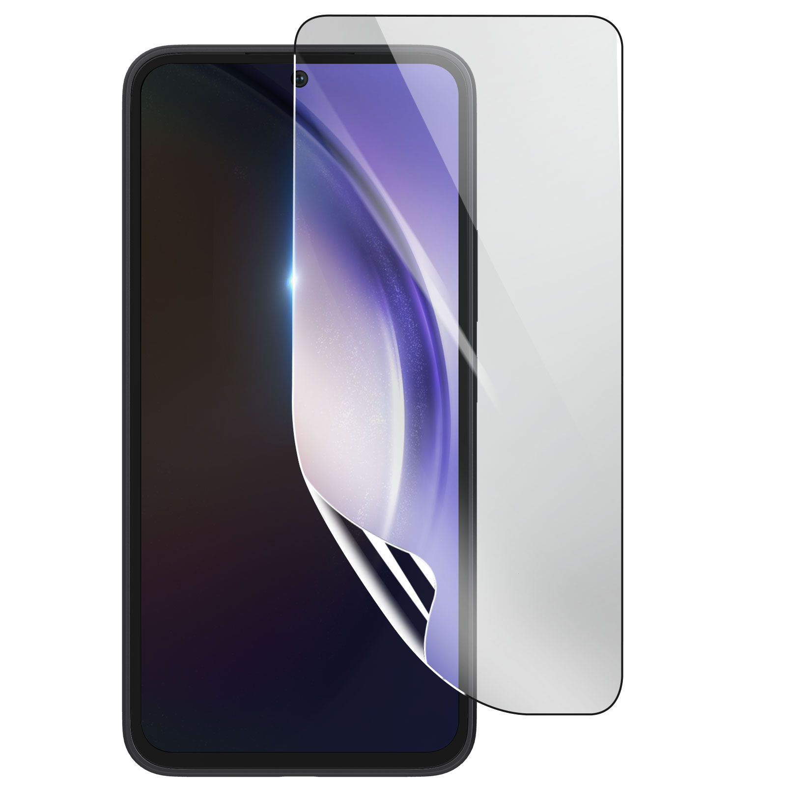 Uno smartphone con una protezione per lo schermo applicata. La protezione è parzialmente staccata, rivelando lo schermo del telefono. Sfondo bianco.