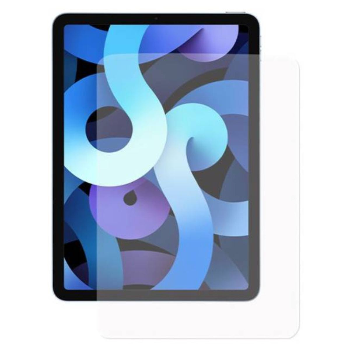 Un iPad con una protezione per lo schermo applicata. Lo schermo mostra un design astratto colorato di forme blu e viola.