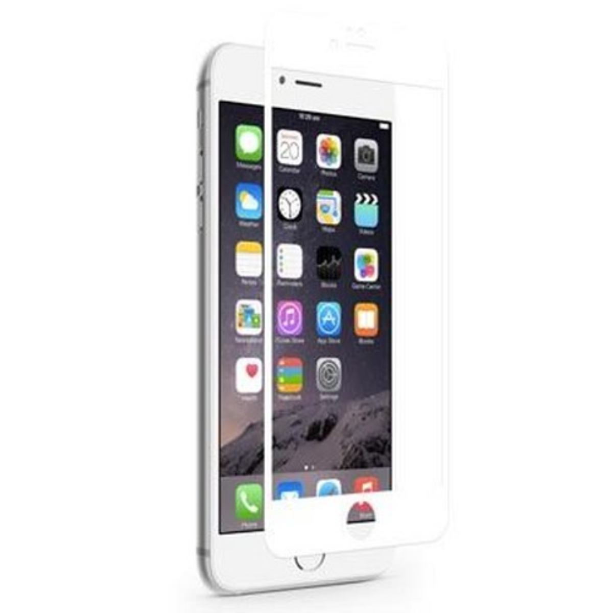 iPhone blanc avec protecteur d'écran, affichant des icônes d'applications. Le téléphone est légèrement incliné, montrant son côté. Fond blanc.