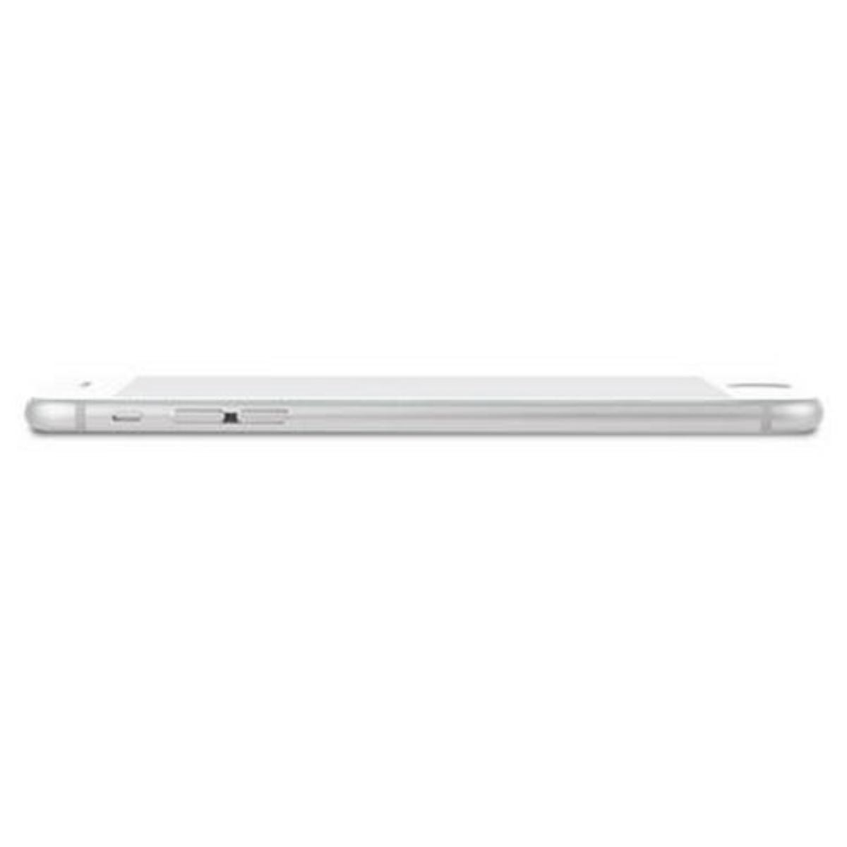 Vue latérale d'un smartphone argenté sur fond blanc. Le téléphone est horizontal, montrant les boutons latéraux, ports et écran.