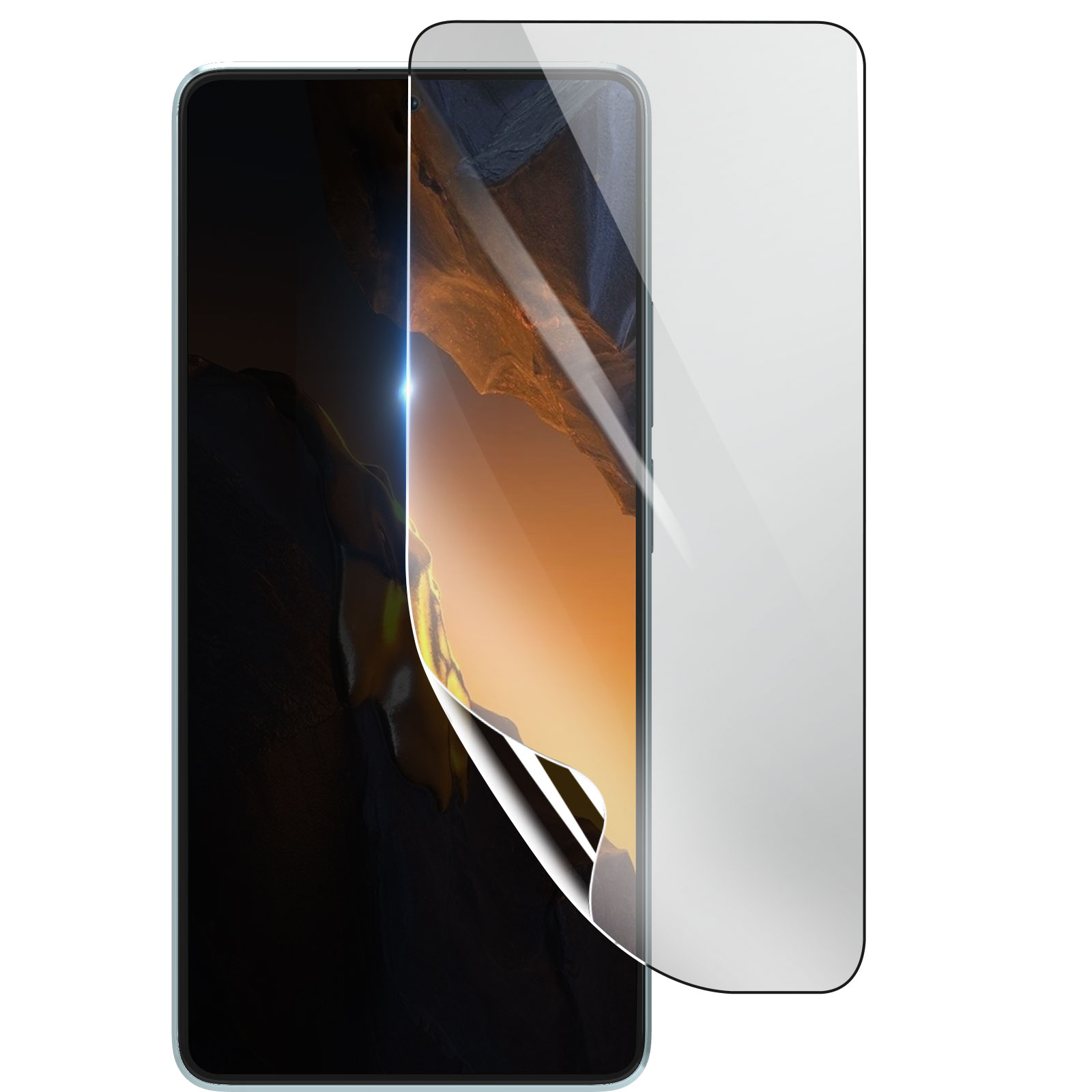 Uno smartphone con una protezione per lo schermo applicata. Lo schermo mostra un paesaggio montano.