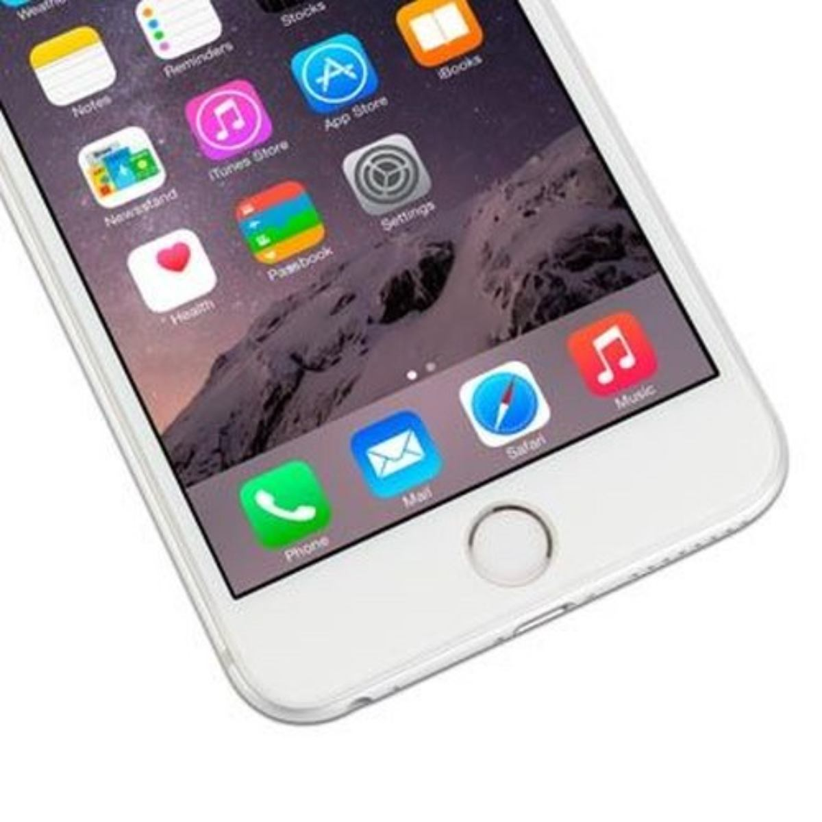 Un iPhone blanc affiche des icônes d'applications à l'écran. Le bouton d'accueil est visible. Les applications incluent Téléphone, Mail, Safari et Musique.