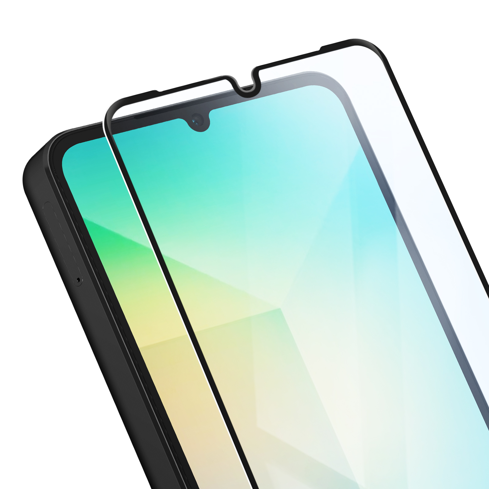 Uno smartphone con una protezione per lo schermo applicata. Il telefono è nero, lo schermo mostra una sfumatura di colori.