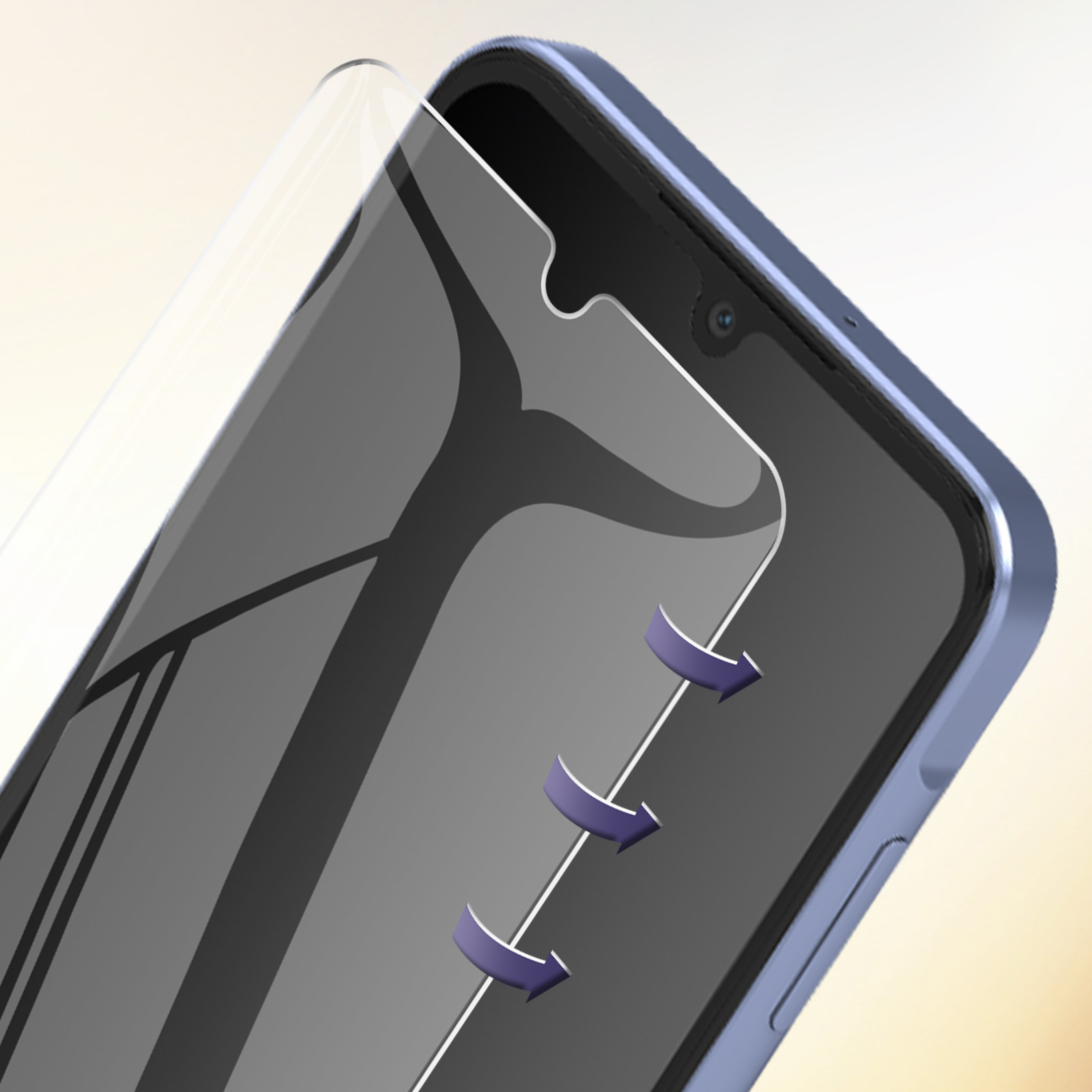 Un telefono con una protezione per lo schermo in applicazione. Le frecce mostrano il processo. Il telefono è blu con schermo nero.