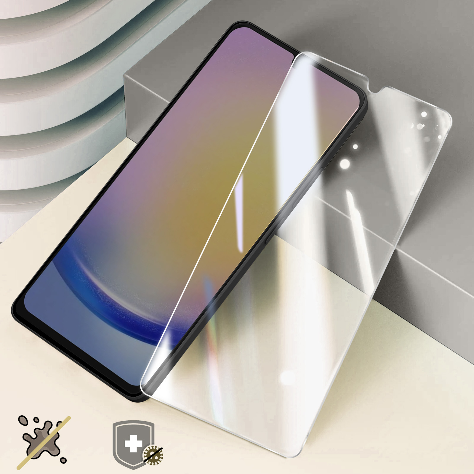 Telefono con protezione schermo. Protezione trasparente. Schermo con gradiente di colori. Icone antimacchia e protezione.