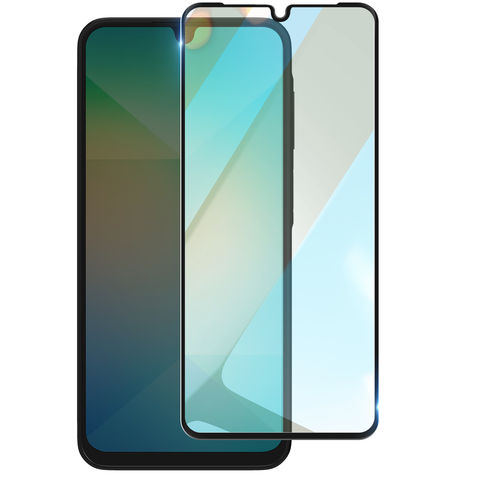 Immagine di uno smartphone e di una protezione schermo. Il telefono è nero, la protezione è trasparente e copre il cellulare.