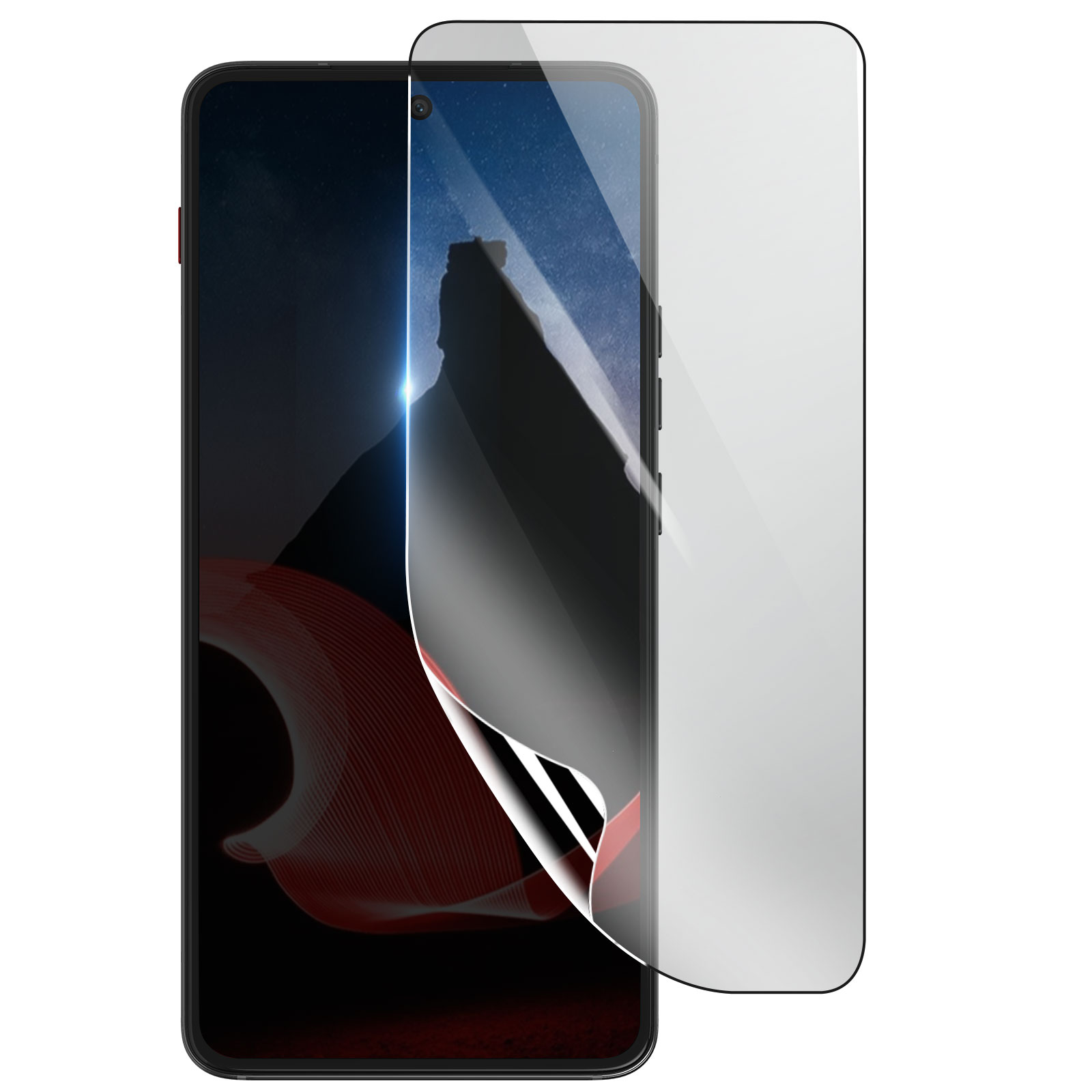 Uno smartphone con una protezione per lo schermo applicata. Il telefono visualizza un'immagine astratta scura. La protezione è leggermente staccata.