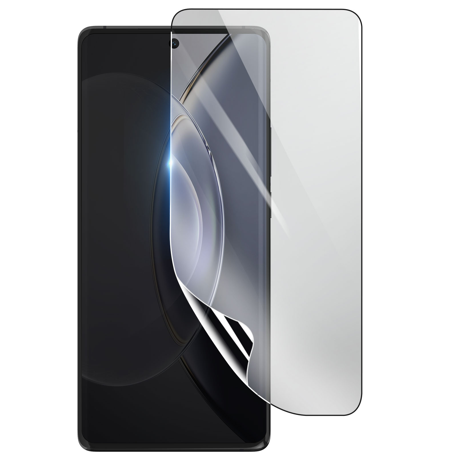 Uno smartphone con una protezione per lo schermo in fase di applicazione. La protezione è trasparente e il telefono è nero.