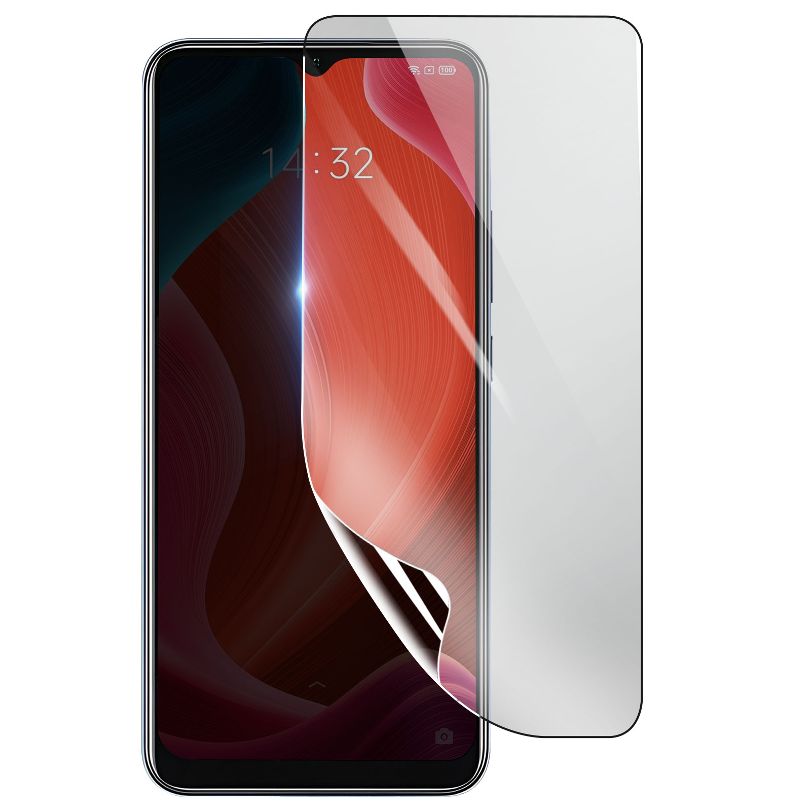 Schermo di smartphone con protezione schermo rimossa. Il telefono mostra una sfumatura rossa e nera con l'ora.
