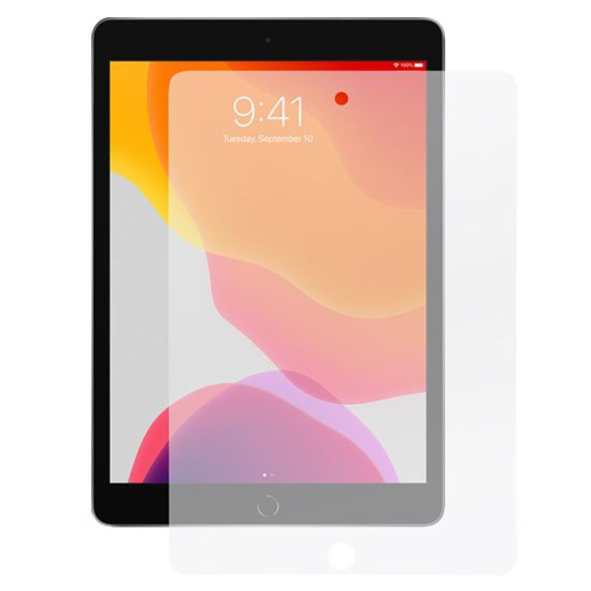 Un iPad con una protezione per lo schermo. Lo schermo mostra l'ora 9:41 e la data. Lo sfondo ha forme astratte colorate.