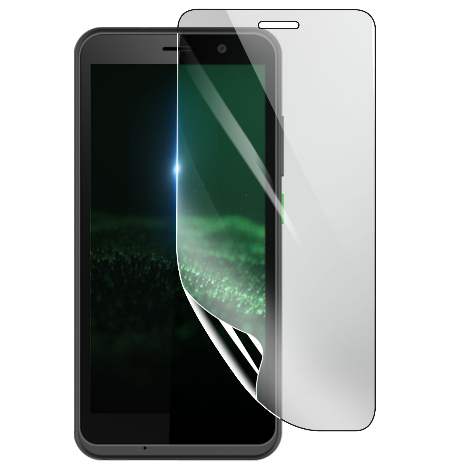 Smartphone con protezione schermo. Lo schermo mostra uno sfondo verde sfocato. La protezione è parzialmente staccata.
