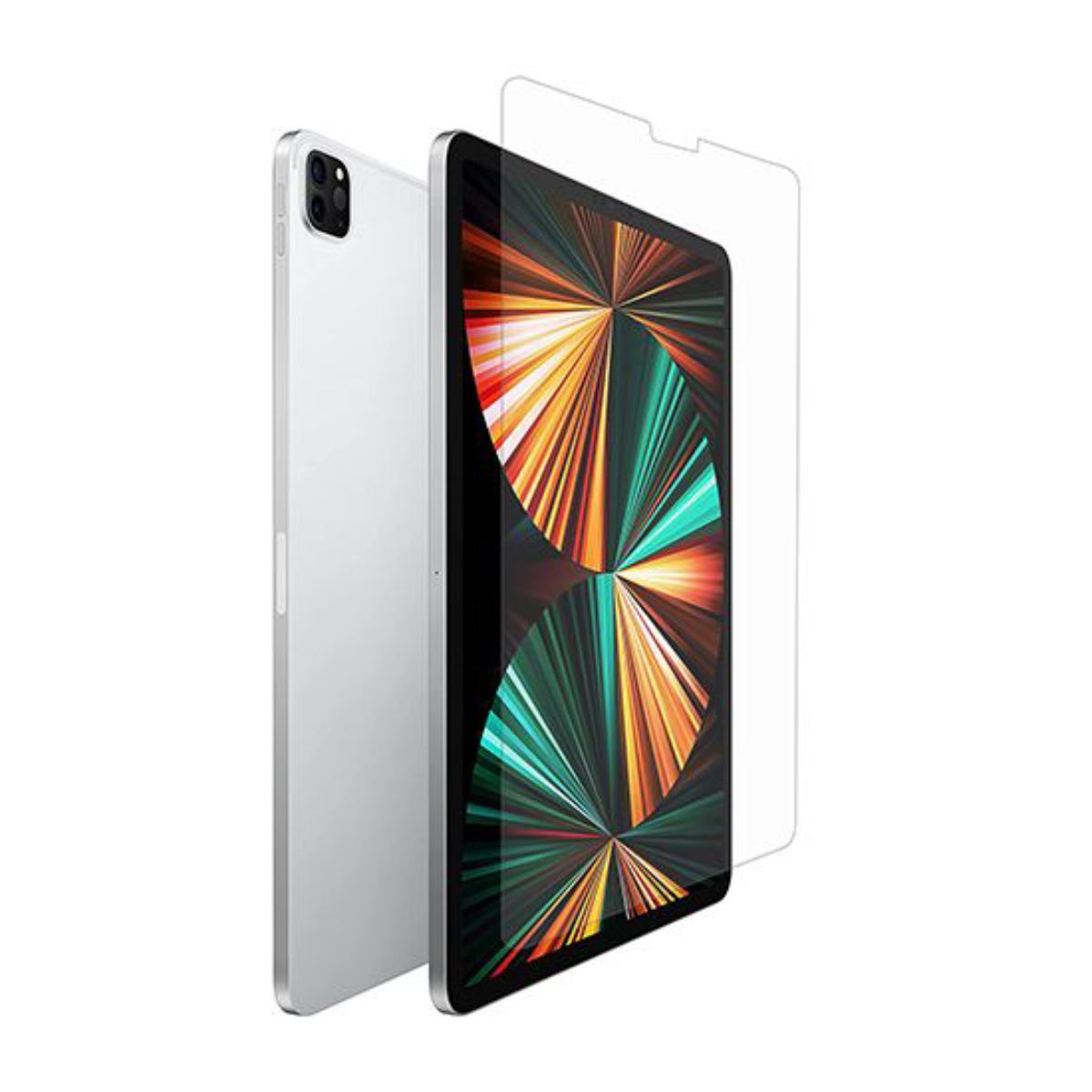 Een zilveren tablet met een schermbeschermer en een kleurrijk scherm wordt weergegeven op een witte achtergrond.
