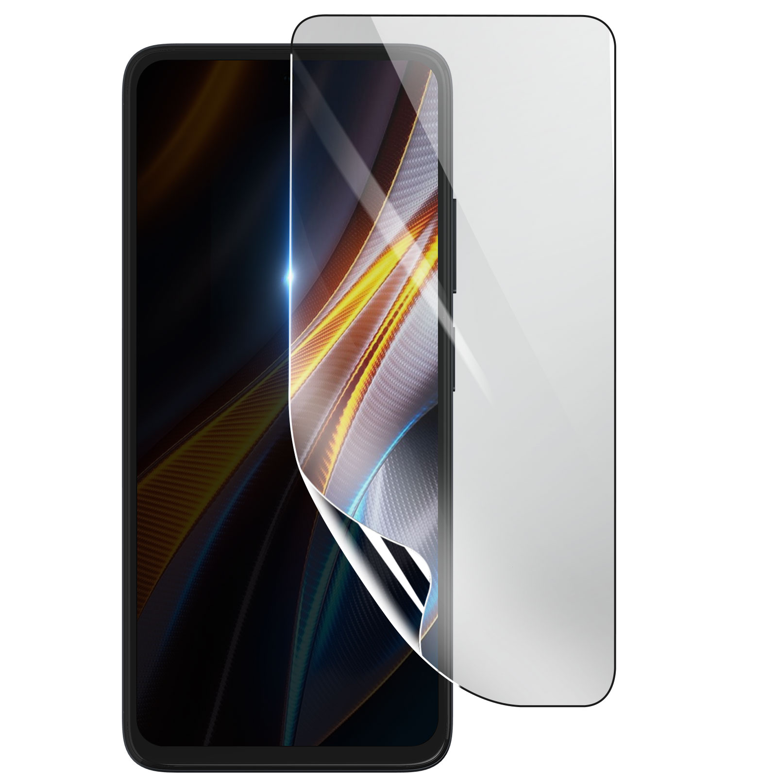 Smartphone con protezione schermo applicata. Il telefono mostra un design colorato, la protezione è trasparente.