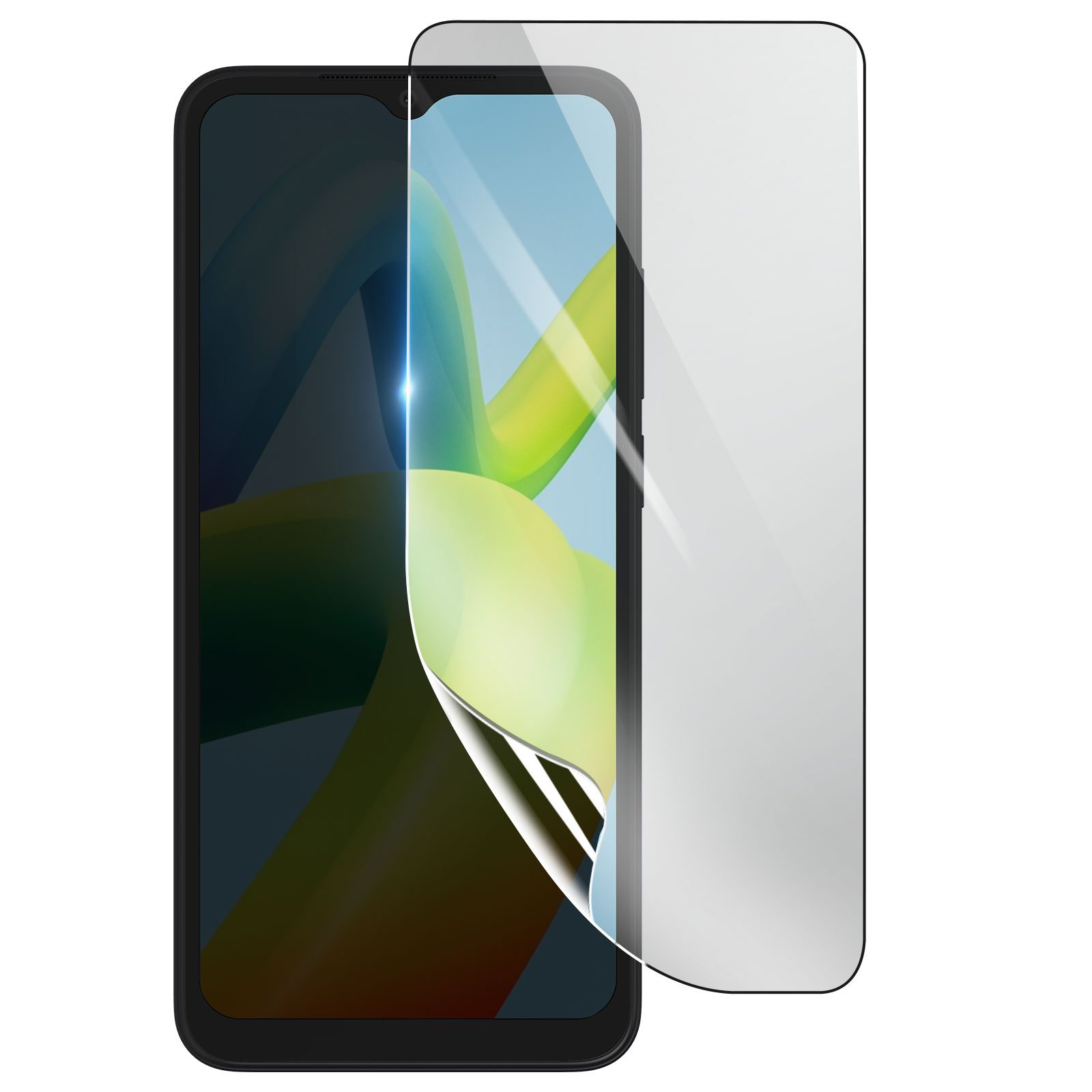 Uno smartphone con un proteggi schermo in fase di applicazione. Il telefono ha una cornice nera, lo schermo mostra forme astratte. Il proteggi schermo è trasparente.
