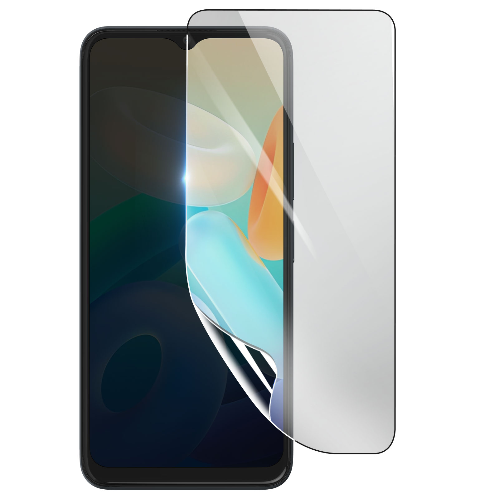 Uno smartphone con una protezione per lo schermo applicata. Lo schermo mostra un design astratto. La protezione è parzialmente staccata.