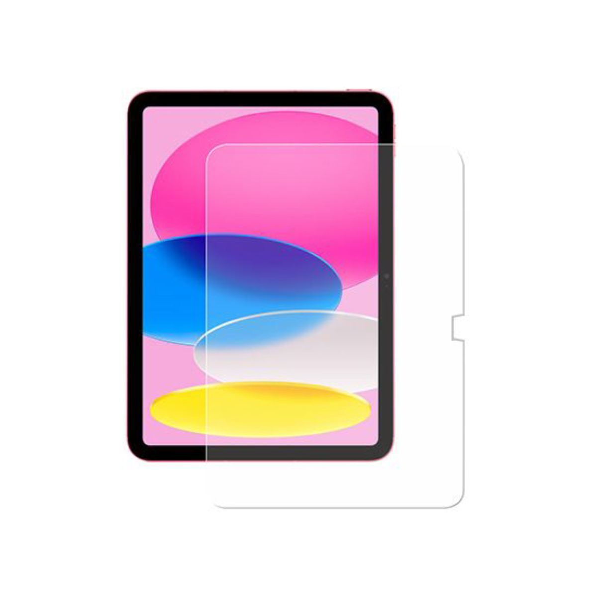 Un iPad con protezione schermo. Lo schermo mostra forme colorate: rosa, blu, bianco e giallo. Un protettore trasparente a destra.