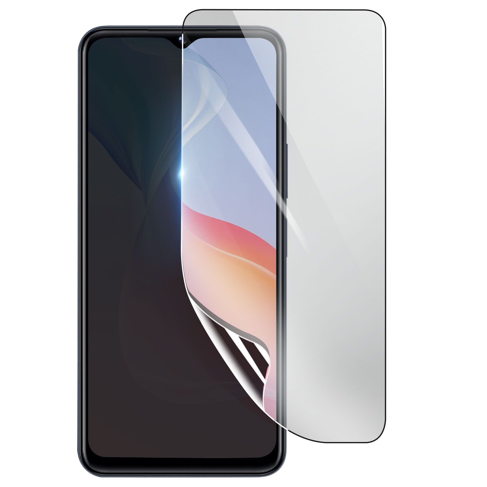 Uno smartphone con una protezione per lo schermo applicata. Il telefono è nero, la protezione è trasparente.
