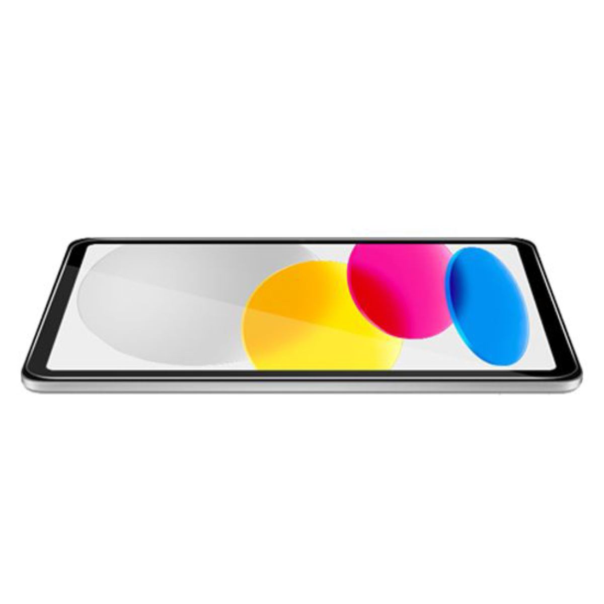 Un tablet con disegni circolari colorati sullo schermo, su sfondo bianco.
