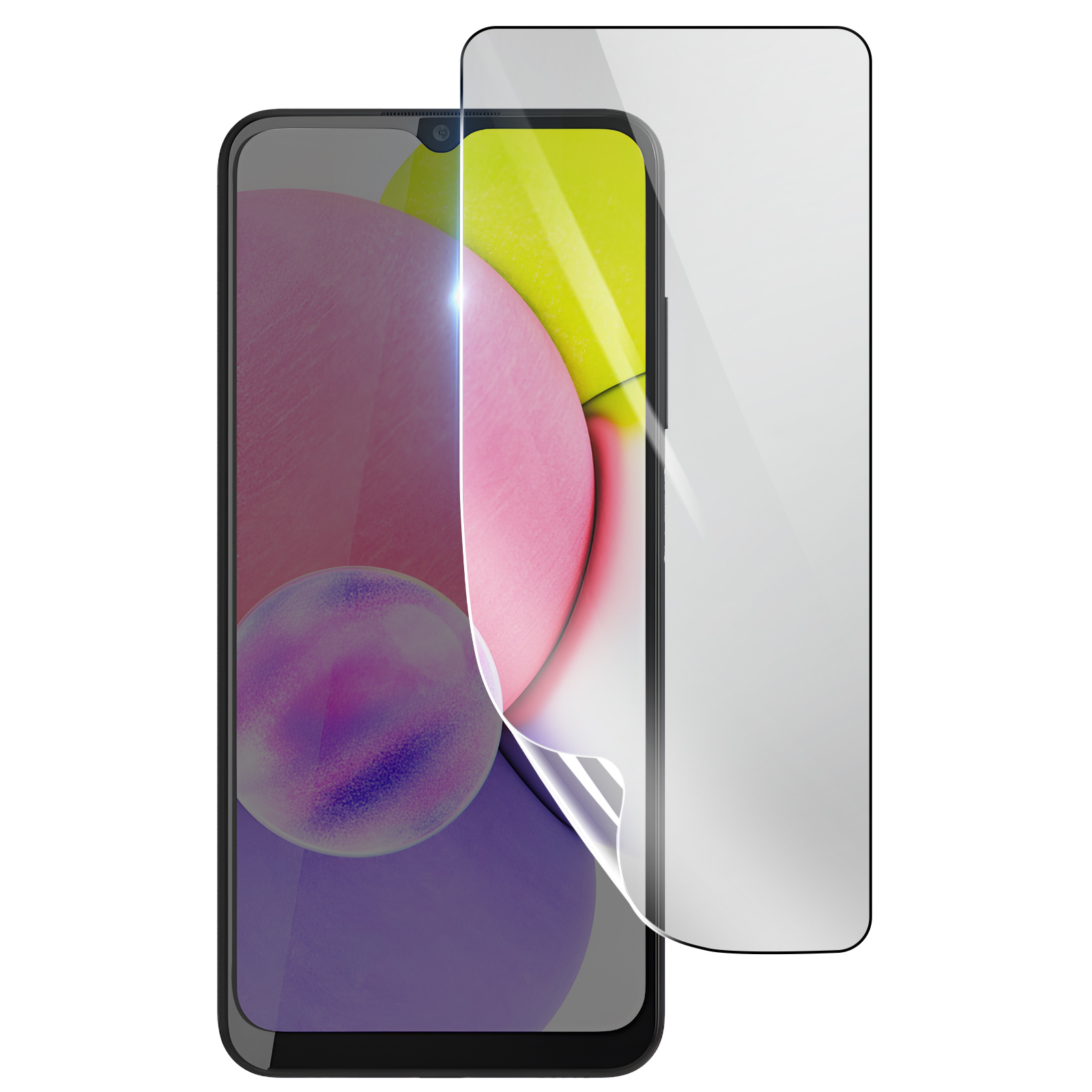 Uno smartphone nero con un proteggi schermo in applicazione. Il telefono mostra un'immagine colorata. Il proteggi schermo è trasparente.