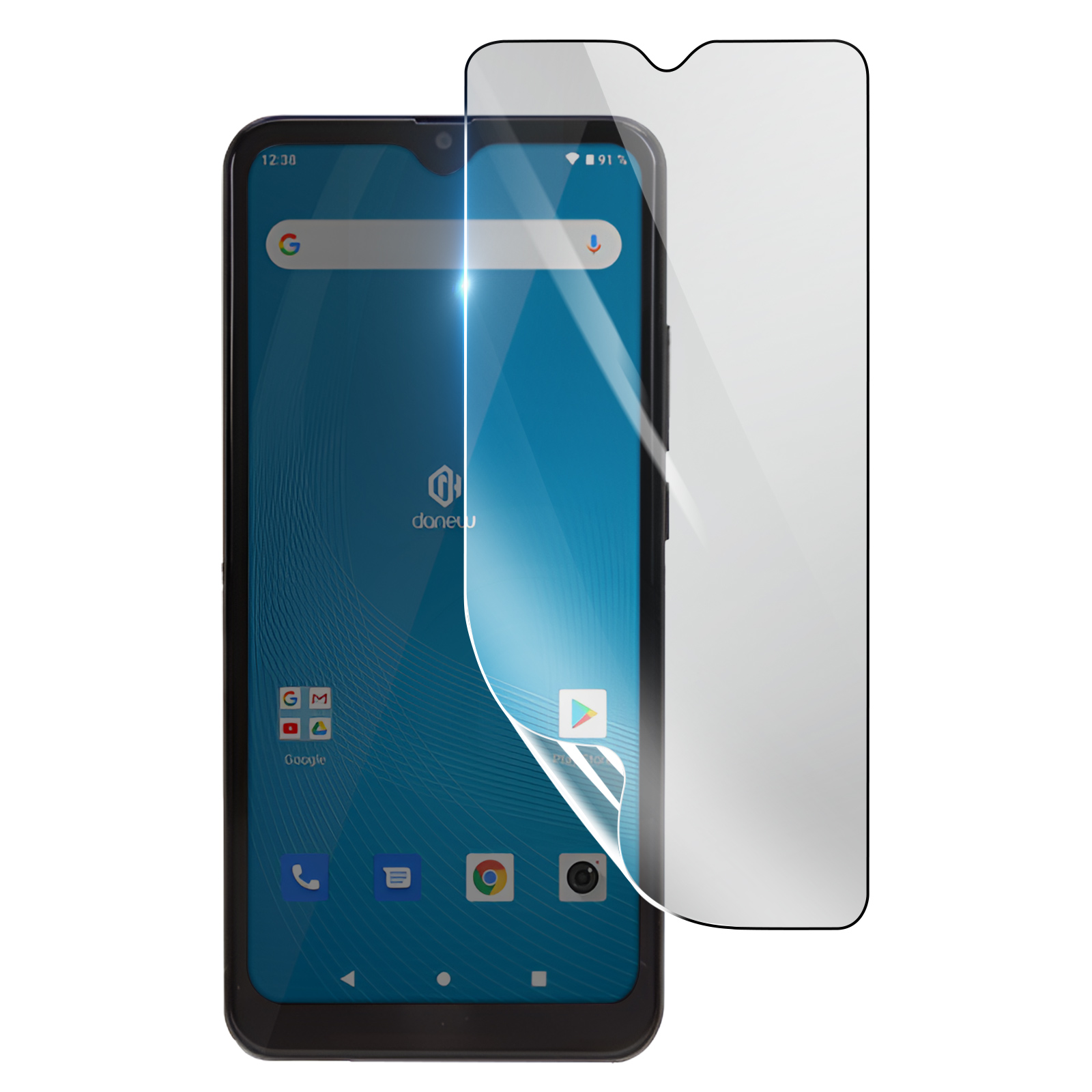 È mostrato uno smartphone con una protezione per lo schermo. Il telefono è nero con schermo blu. La protezione è parzialmente staccata.
