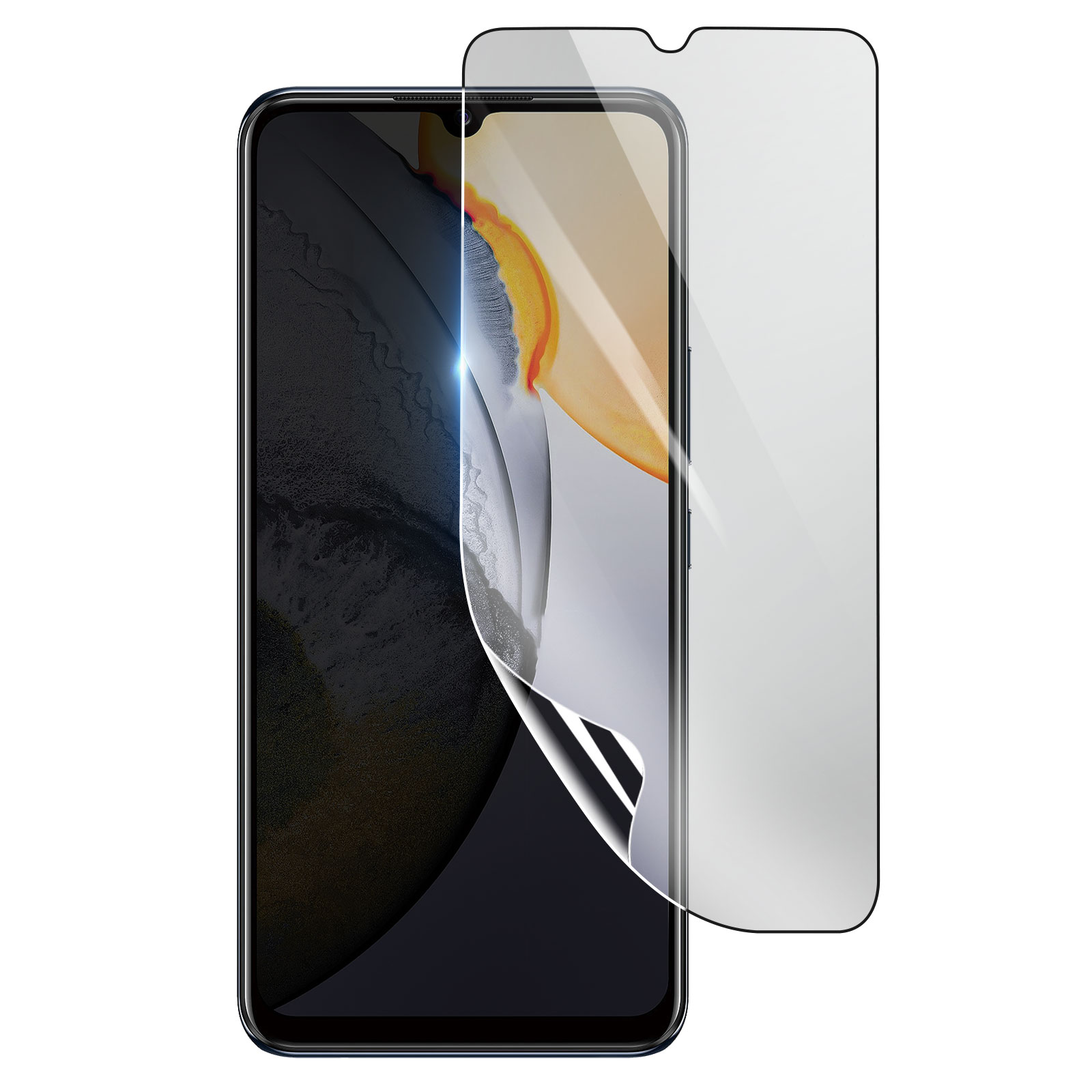 Uno smartphone con protezione schermo. La protezione è parzialmente staccata. Sfondo bianco.