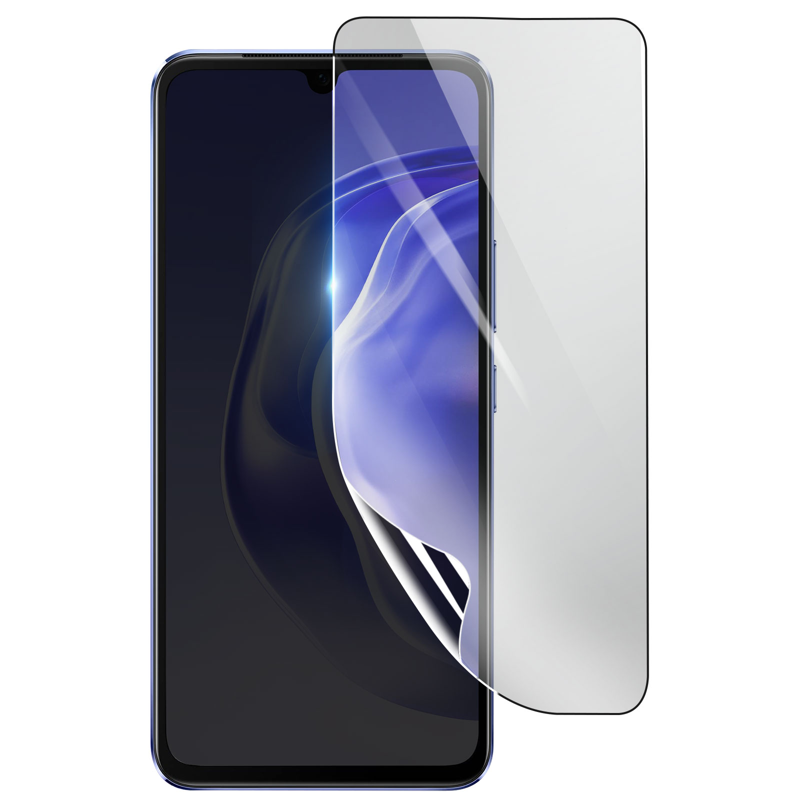 Uno smartphone con una protezione per lo schermo applicata. Il telefono è blu con schermo scuro. La protezione è trasparente.