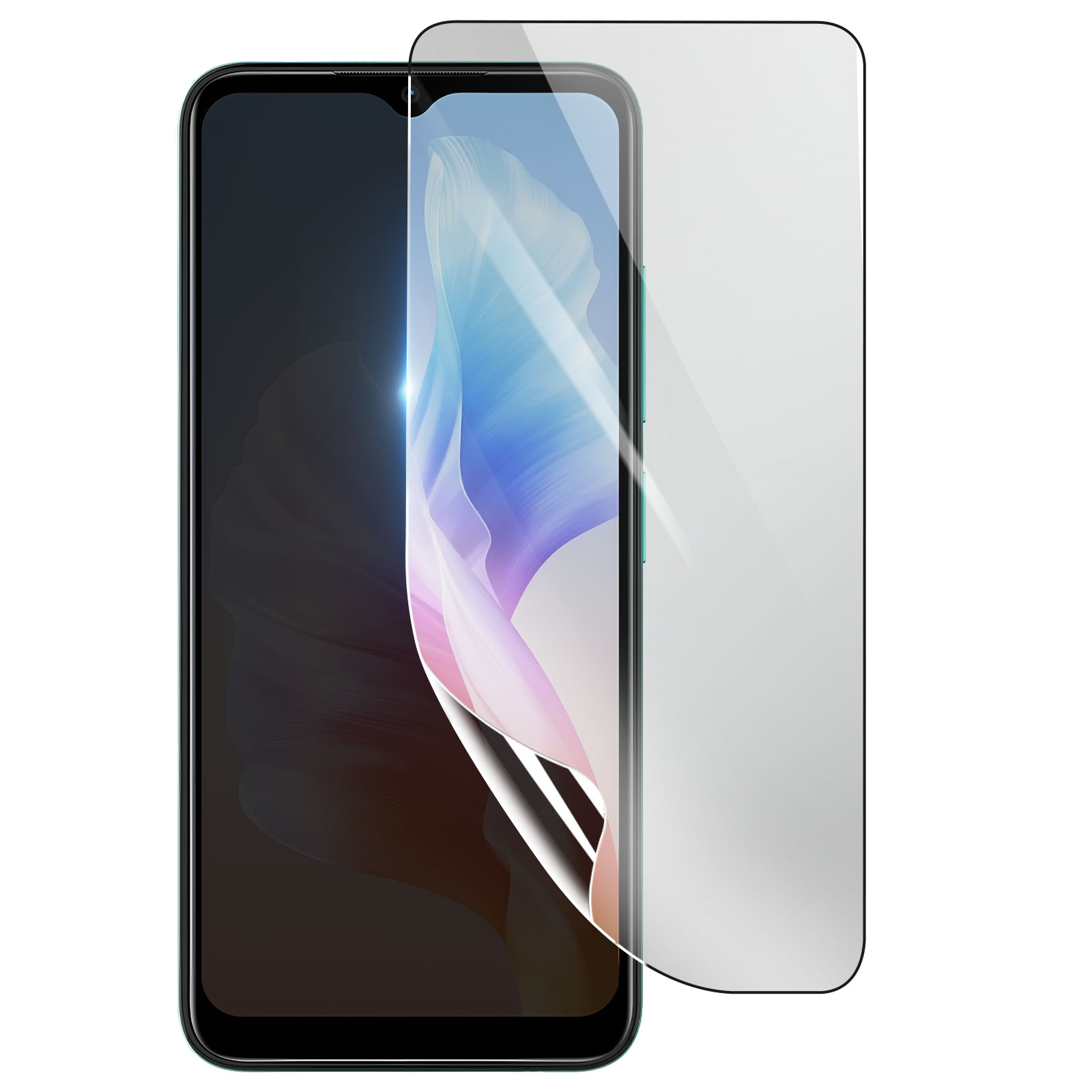 Smartphone con protezione schermo applicata. La protezione si stacca, rivelando lo schermo.
