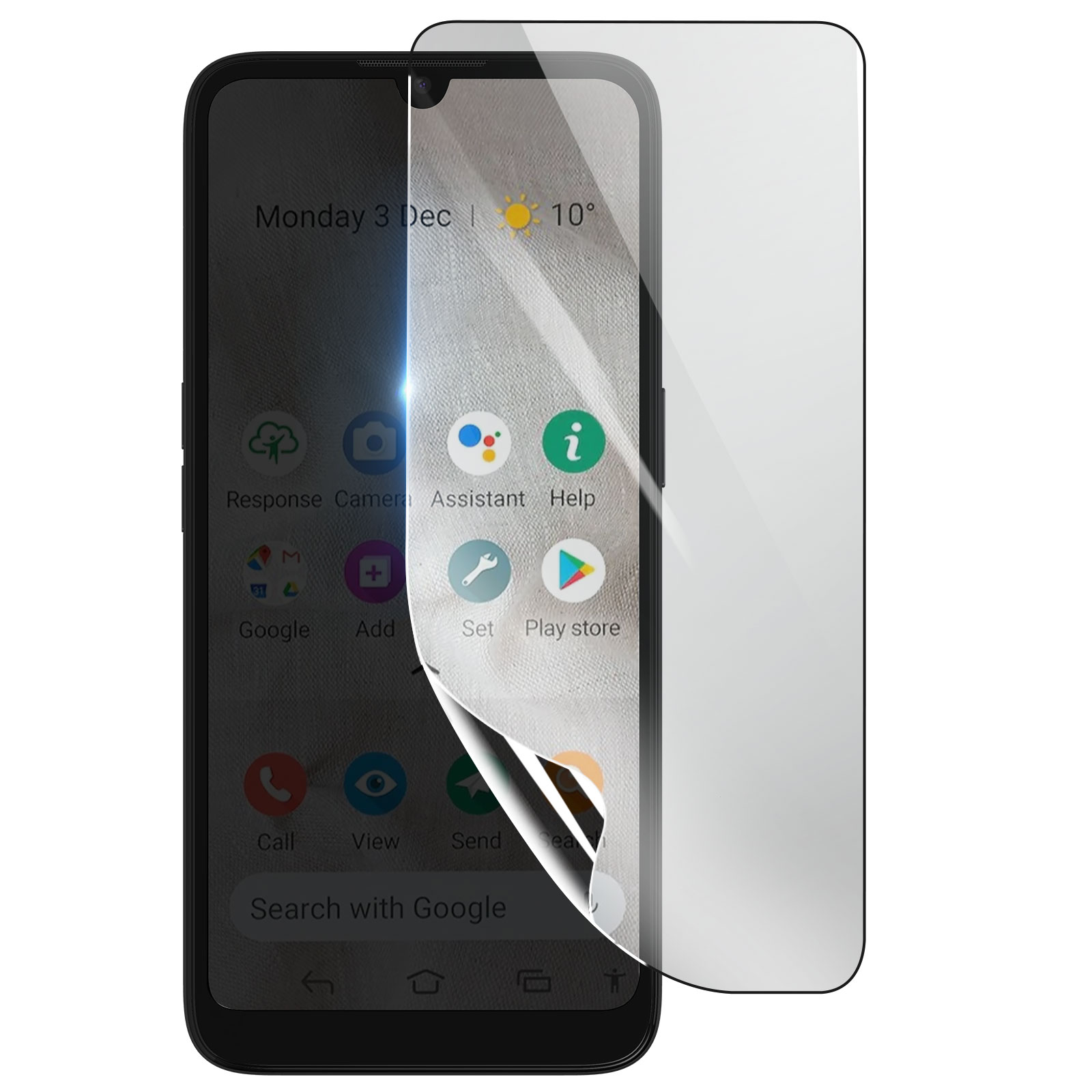 Uno smartphone con una protezione per lo schermo parzialmente staccata. Lo schermo mostra icone di app e la data. La protezione è trasparente.