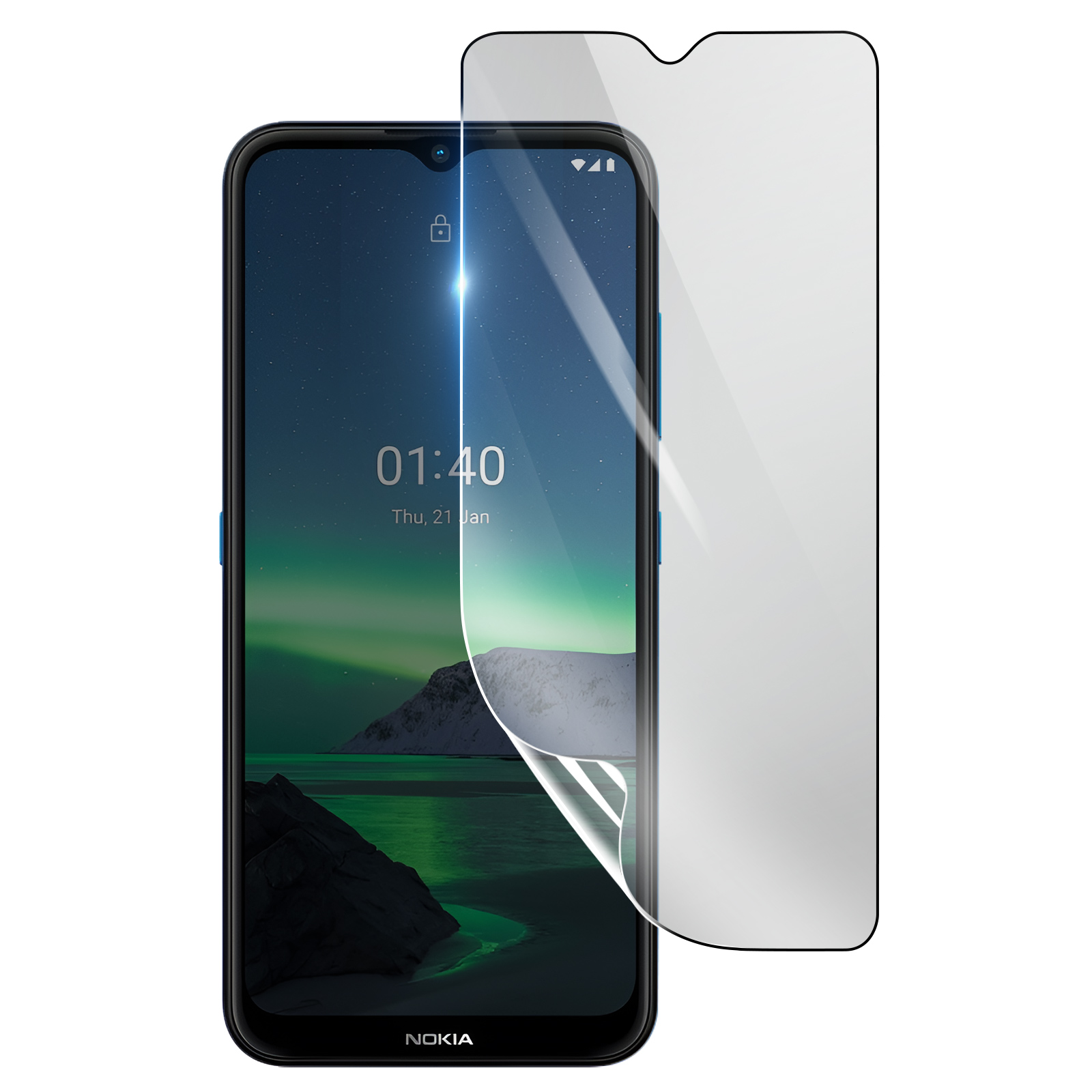 Smartphone Nokia con protezione schermo applicata. Lo schermo mostra un paesaggio, l'ora e un'icona di lucchetto.