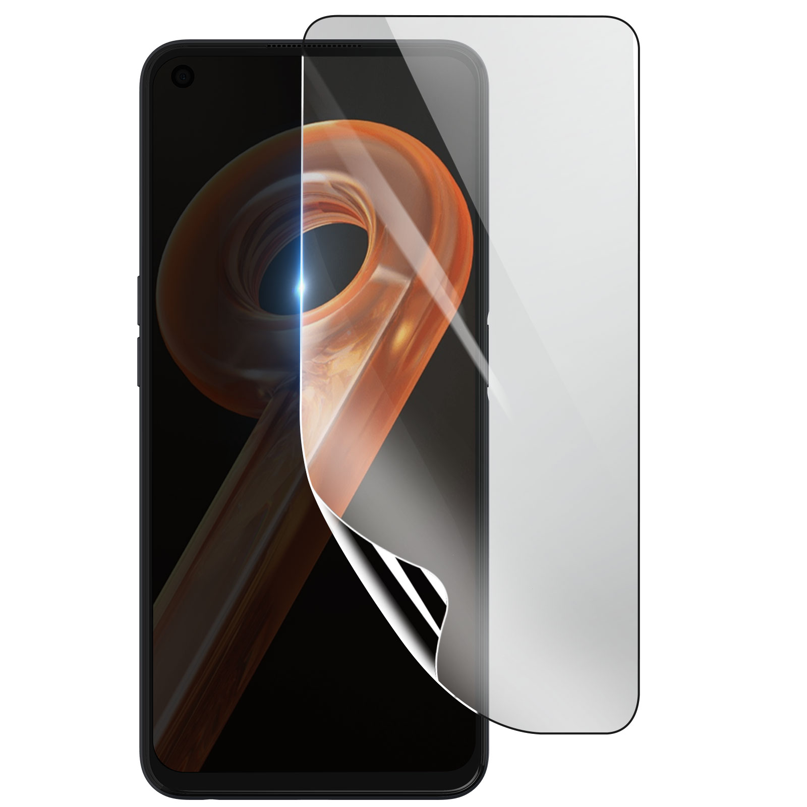 Uno smartphone nero con una protezione per lo schermo in applicazione. Lo schermo mostra un design astratto. La protezione è parzialmente staccata.
