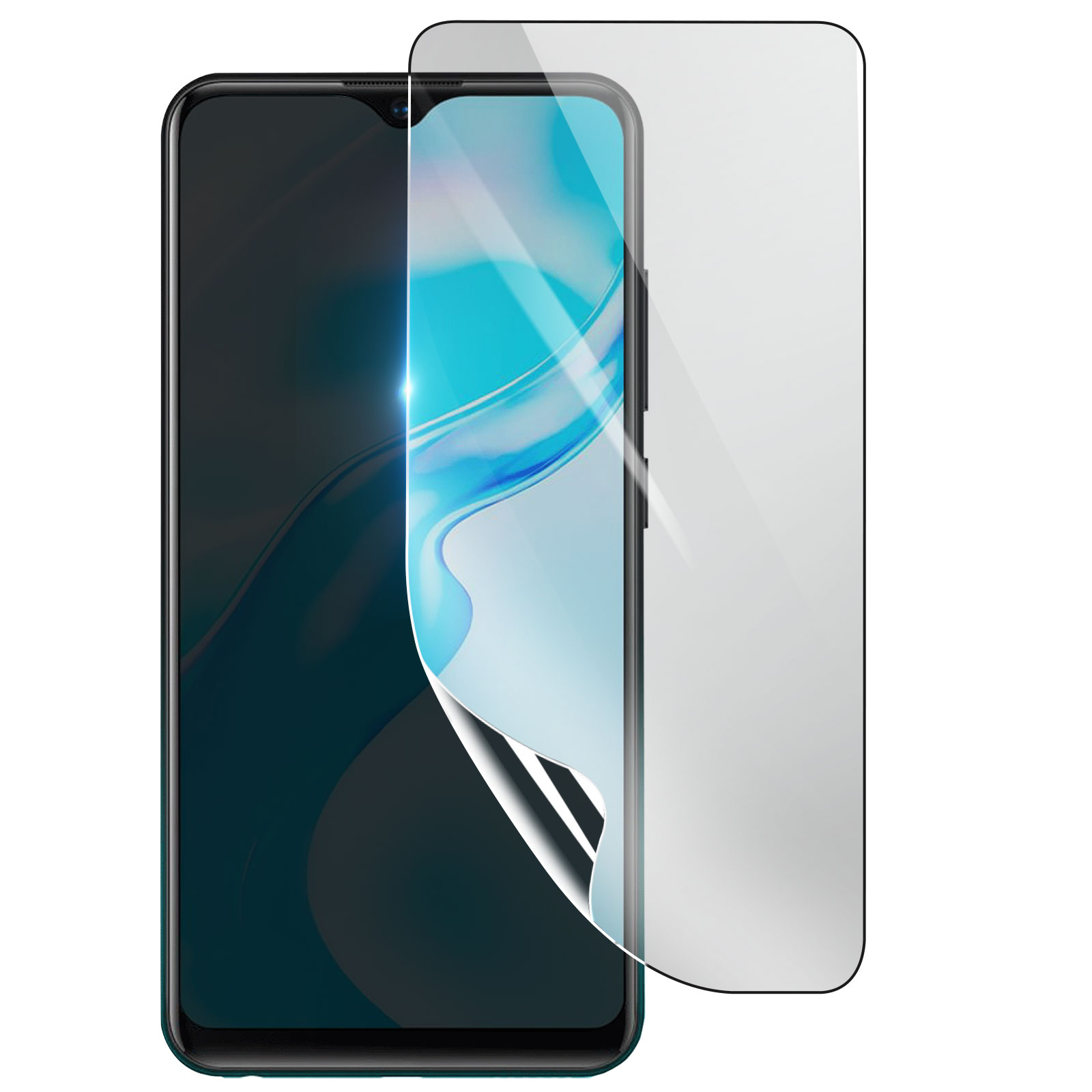 Uno smartphone con una protezione per lo schermo in fase di applicazione. Lo schermo è parzialmente coperto, rivelando il telefono e la protezione.